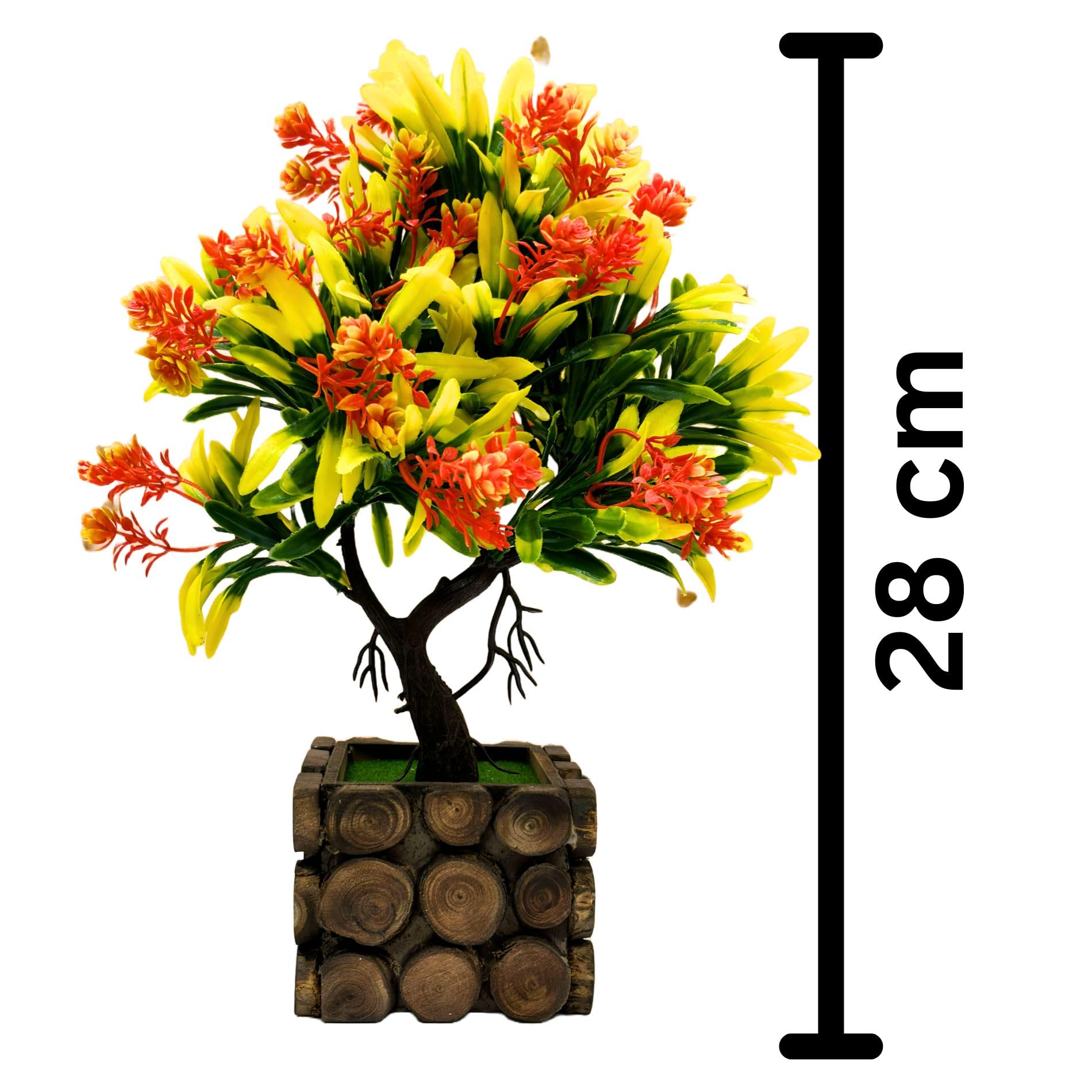 Dekorly Artificial Wild | Indoor Outdoor | Bathroom Bedroom Living Room Farmhouse Housewarming | Plastic & Wooden Potted Plants for Home Office Desk | Fake Faux Colorful Plant (Medium, Design-C)