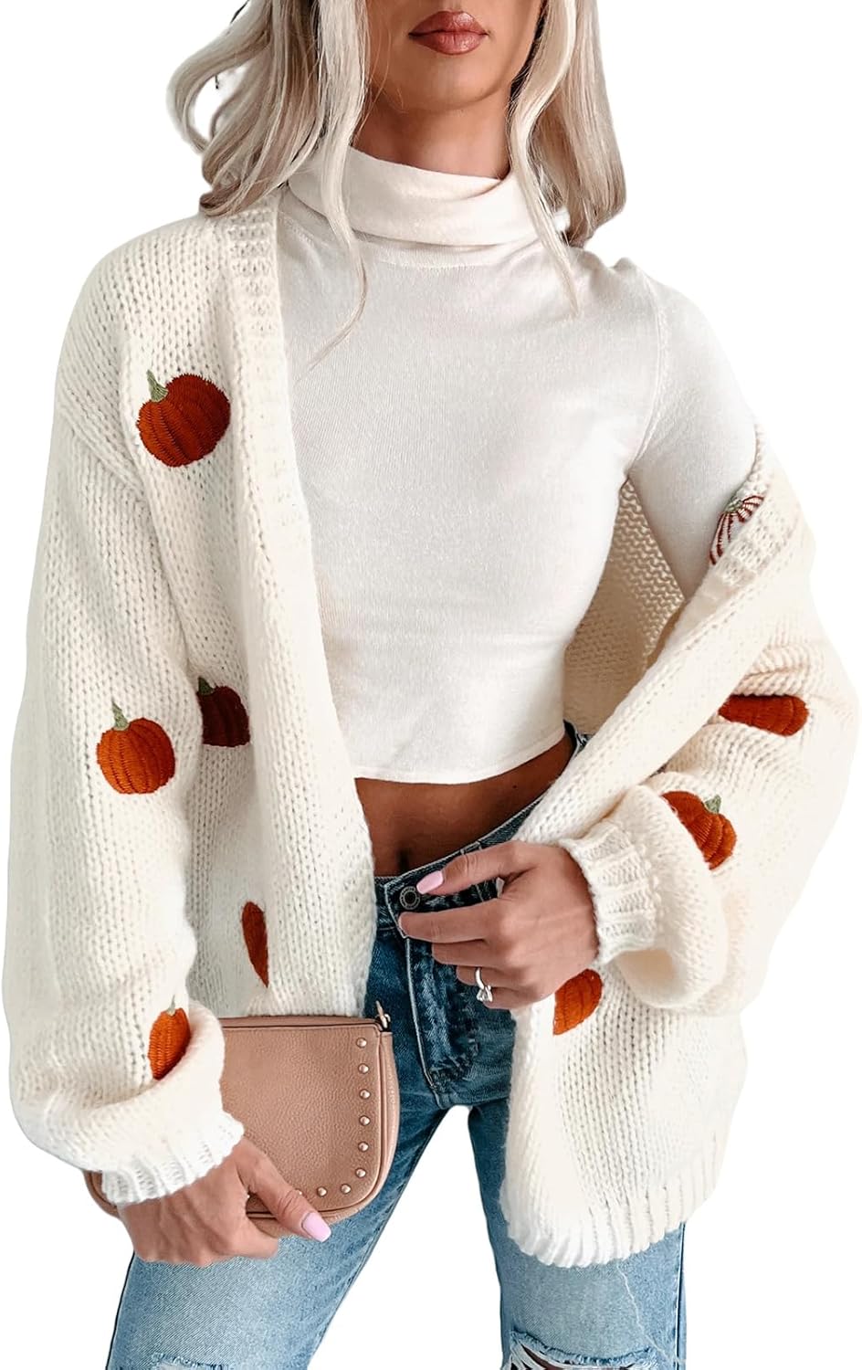 Women Pumpkin Embroidery Sweater Cardigan Open Front Loose Casual Pattern Knit Long Cardigans Coats Holiday Sweater