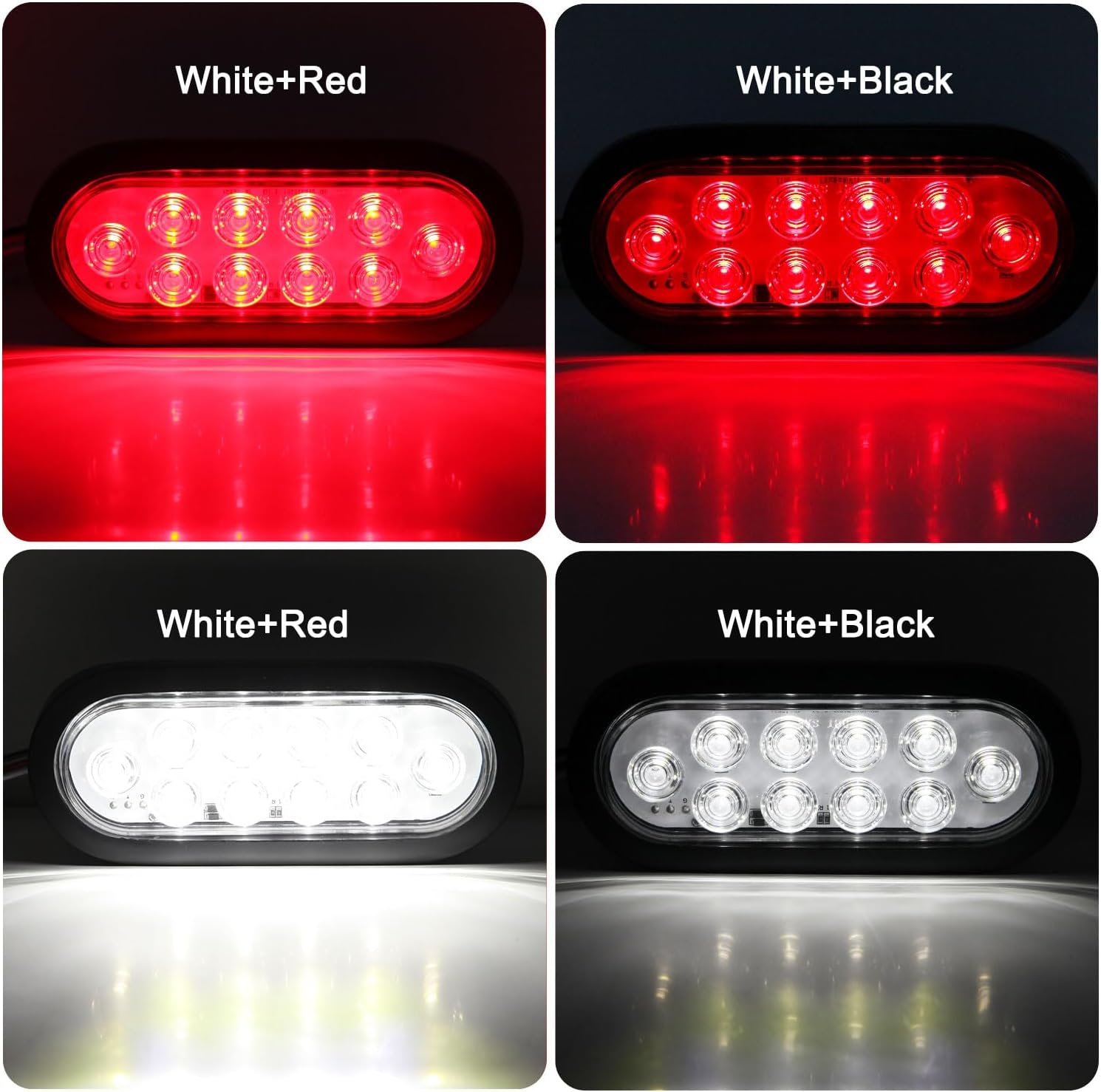 6 Pcs 6 Inch Oval LED Trailer Tail Lights 10LED, 4 Red +2 White 6" Inch Oval LED Stop Turn Tail Brake/Reverse Trailer Lights Sealed with 3 Prong Waterproof Plug for RV Boat Truck Bus 12V