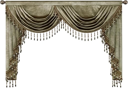 VOGOL Vintage Style Waterfall Valance Curtains, Not See Through Velvet Window Treatment with Tassels, Light-Filtering Decorative Drapes for Living Room, 59 Inches Wide, Brown