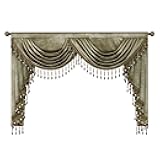 VOGOL Vintage Style Waterfall Valance Curtains, Not See Through Velvet Window Treatment with Tassels, Light-Filtering Decorative Drapes for Living Room, 59 Inches Wide, Brown