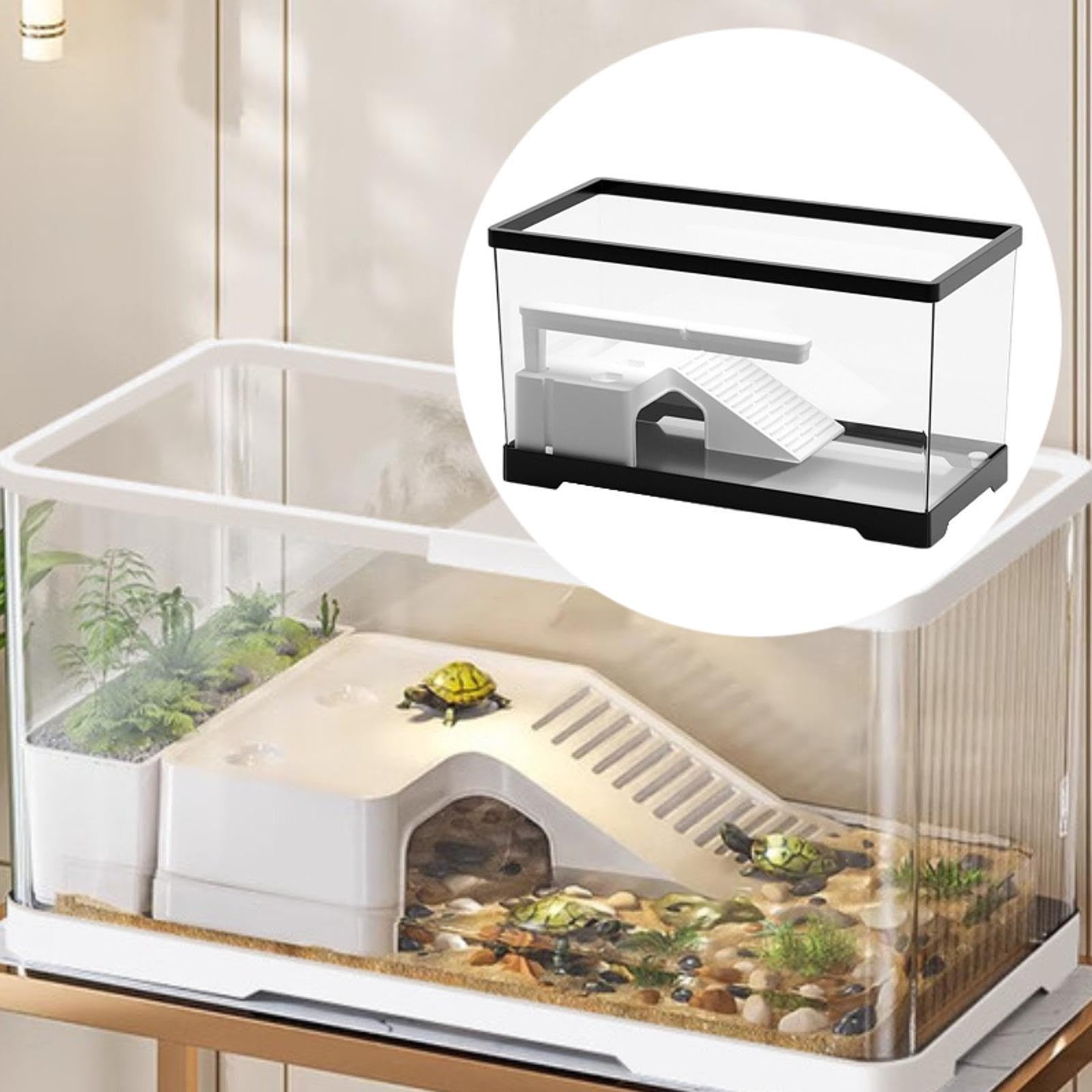 Turtle Tank Recipiente Terrario Tortuga Acuario Material PC Multizona Adecuado para Tortugas Reptiles Anfibios Y Hogares Familiare, Negro, Individual