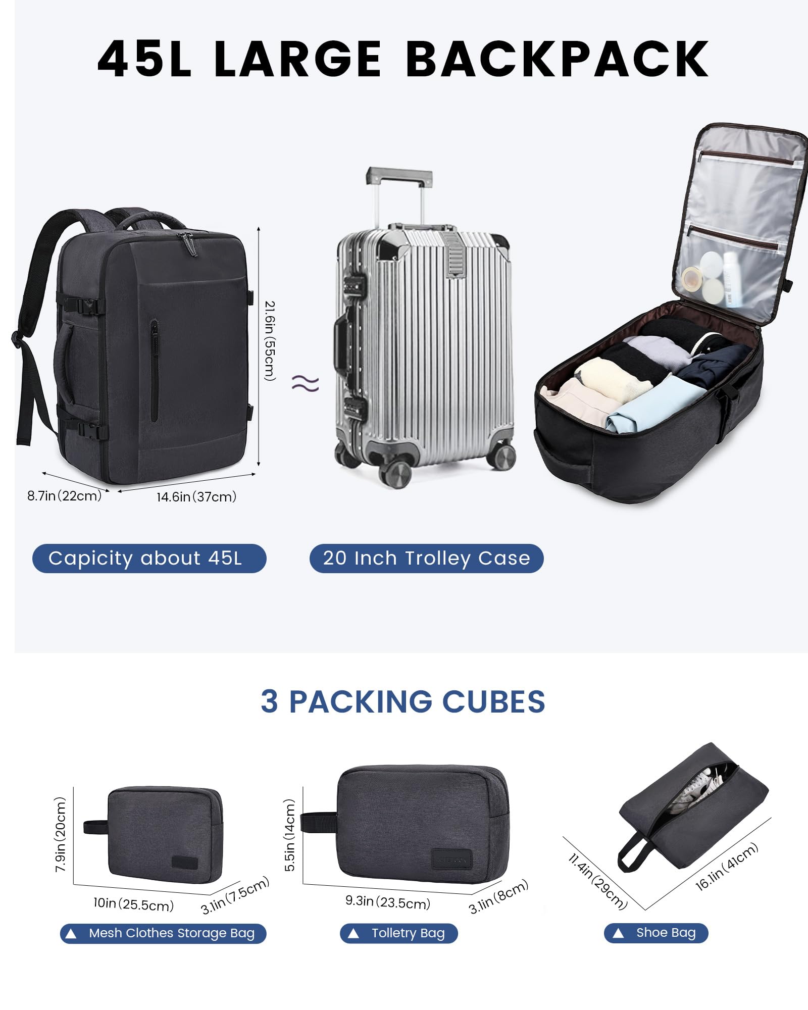 LOVEVOOK Mochila de Viaje para Avión, Equipaje de Mano, Bolsa para Cabina para Vuelos, Mochila de Viaje para Mujer y Hombre, Mochila Porta PC para Escuela, Trabajo, Senderismo, gris oscuro, 18 Pollici
