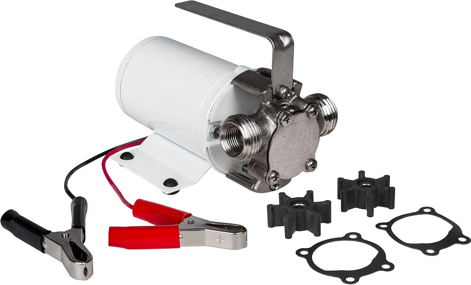 Little Giant Model #365, 12 Volt DC, 300 GPH, Plated Brass Non-Submersible Utility Pump with 6-Ft. Leads and Battery Clips, White, 555602