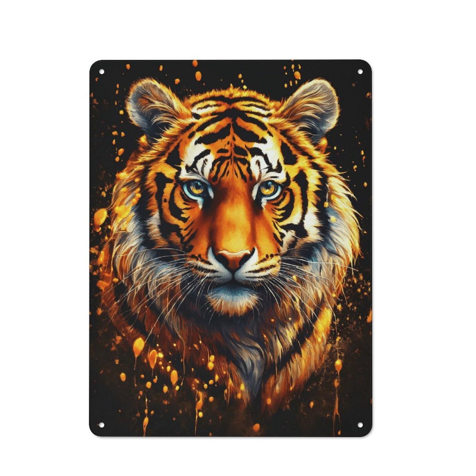 Junmoney Majestic Tiger Portrait With Golden Splatters Vintage Tin Sign 40X30cm For Café Or Home Bar, With Clear Vintage Wall Decor Character