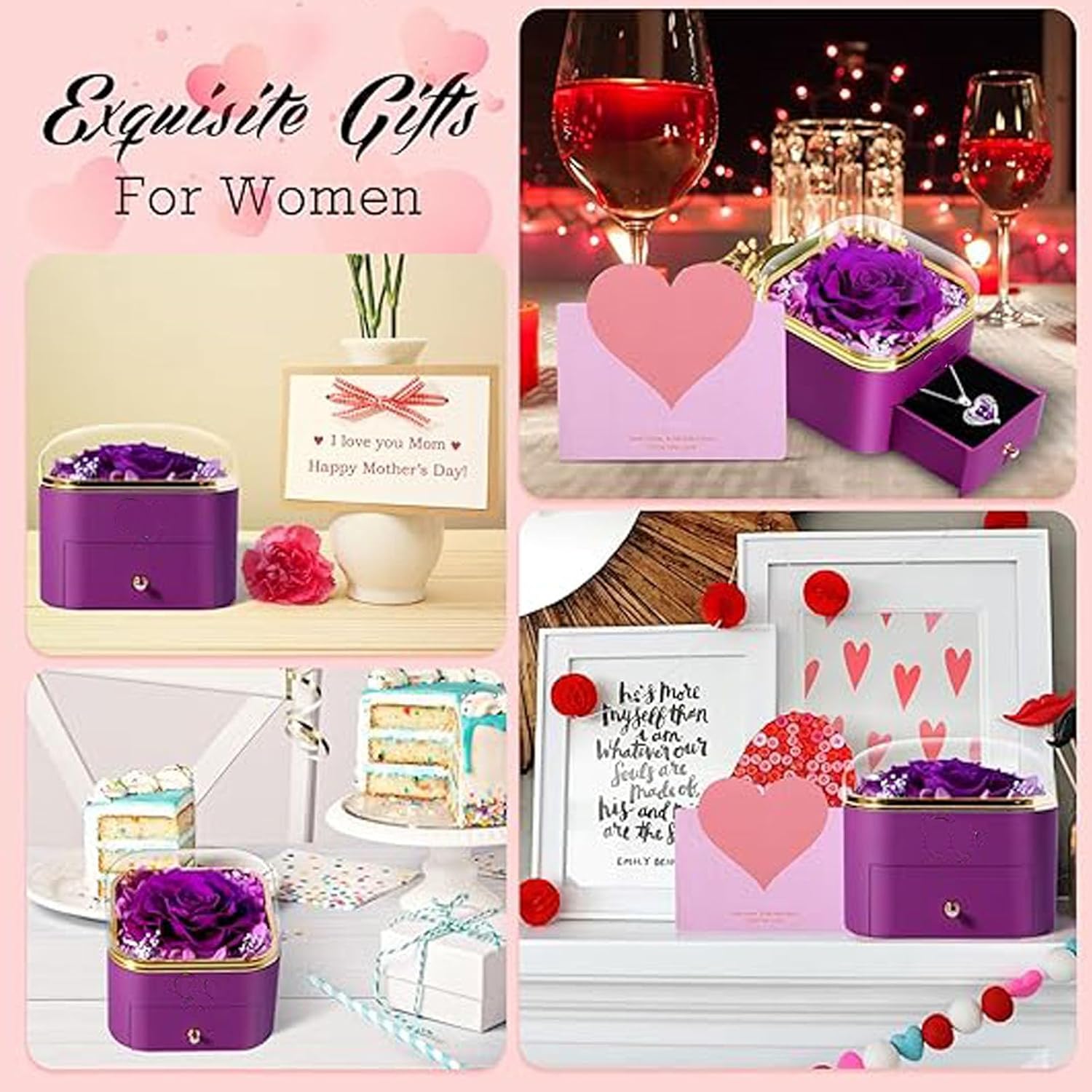 Preserved Real Purple Rose with Angle Wings Necklace, for mom,Birthday Gift for mom Wife Grandma Women,Forever Rose Flower Jewelry Box for her on Womens Day Valentines Wed Anniversary