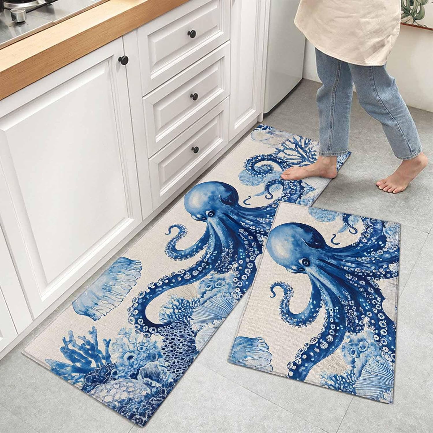 Kitchen Mats for Floor Navy Blue Octopus on Vintage Linen Washable Non Slip Kitchen Rugs 2PCS, Ocean Shell Coral Absorbent Standing Mats for Sink Bathroom Office Living Room 15.7x23.6in+15.7x47.2in