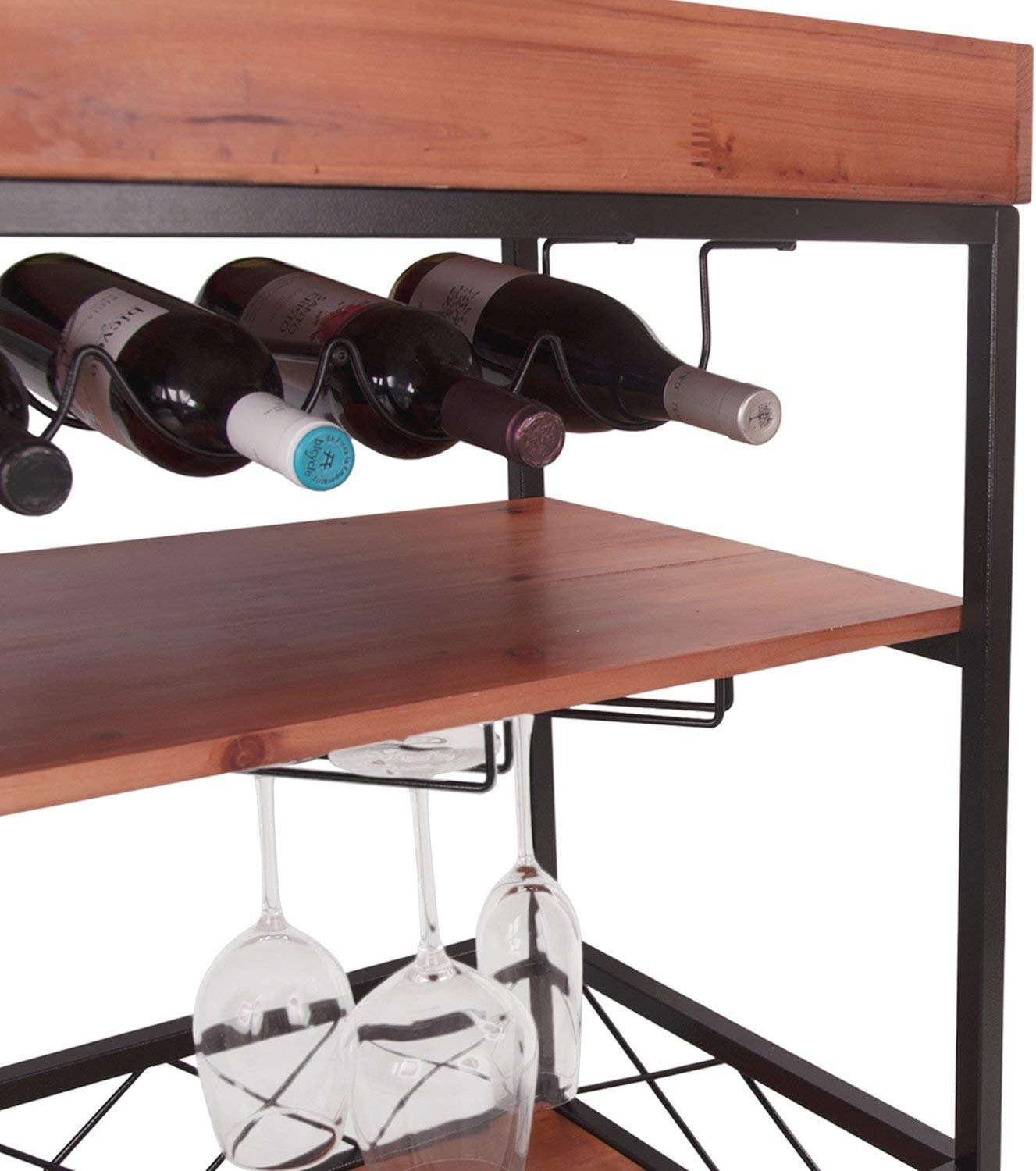 Elevens 3 Tier Rolling Utility Storage Cart-Kitchen Serving Bar Cart with Bottle Holder (Dark Wood) - Bar & Serving Carts