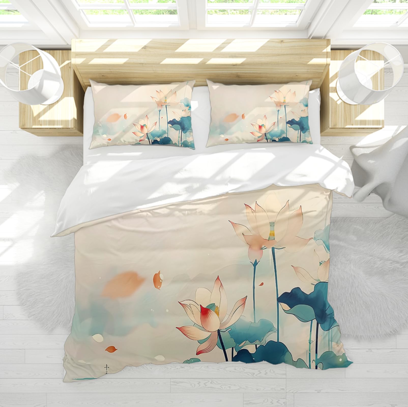 Housse de couette motif floral lotus parure de lit 155x220 rustique chic