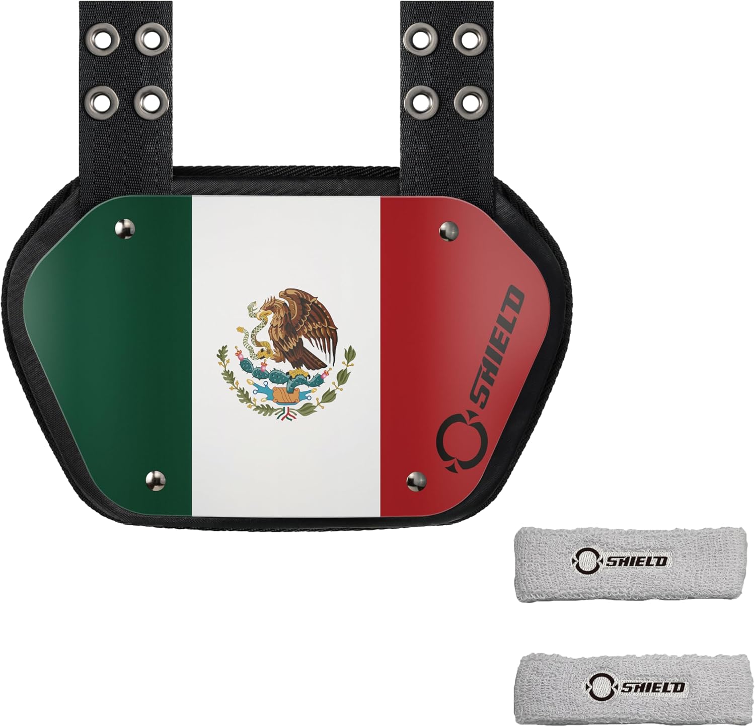 O Shield Mexican Flag Football Backplate with White Sports Arm Band, Backplate Football with Bicep Band, Sold by Package