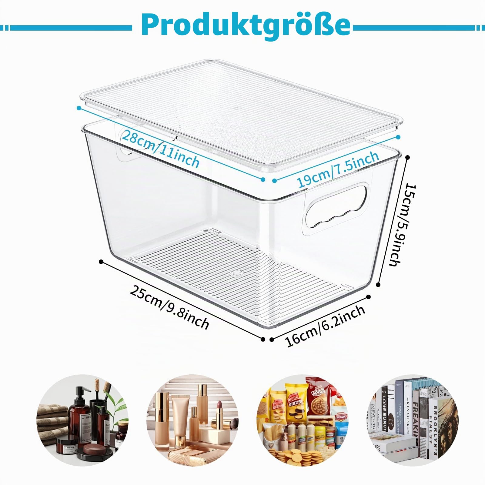 6er Pack Kühlschrank Organizer mit Deckel Bins 29x19x15 cm | Versiegelte & stapelbare Aufbewahrungsbehälter mit Deckel & Griffen. Ideal für Küche, Gefrierschrank & Vorratskammer.