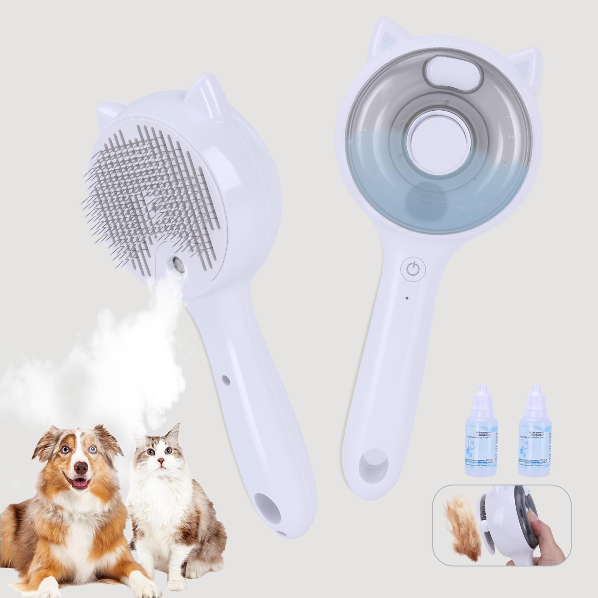 Spazzola a vapore per cani e gatti, pettine 3 in 1, riduce lo spargimento, setole morbide, favorisce la salute del cappotto, include shampoo senz'acqua, bianco