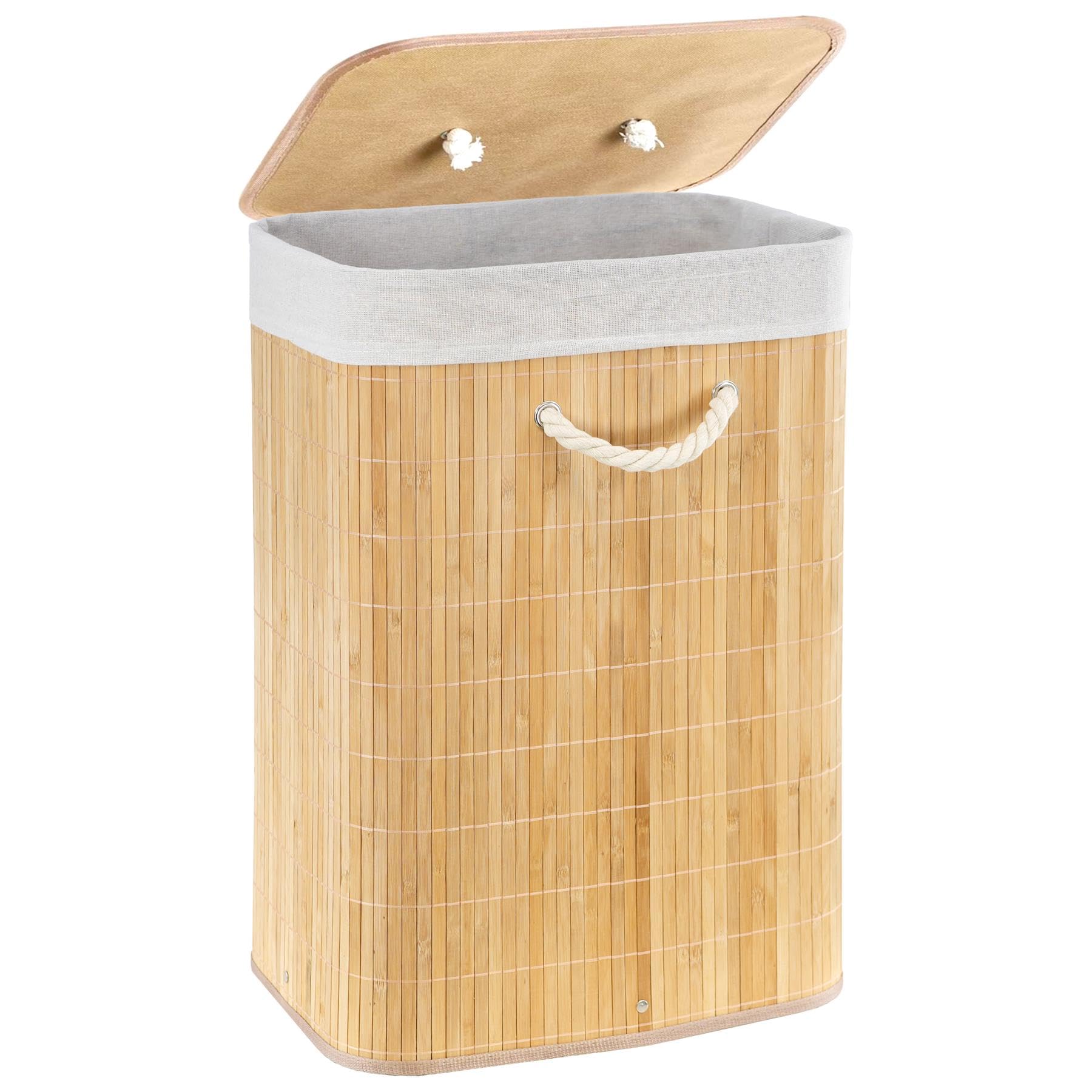 GEEZY Bamboo Laundry Basket with Lid Foldable Washing Hamper Bin with Removable Liner Bedroom Bathroom Dirty Clothes Storage Basket with Handles Rectangular Natural