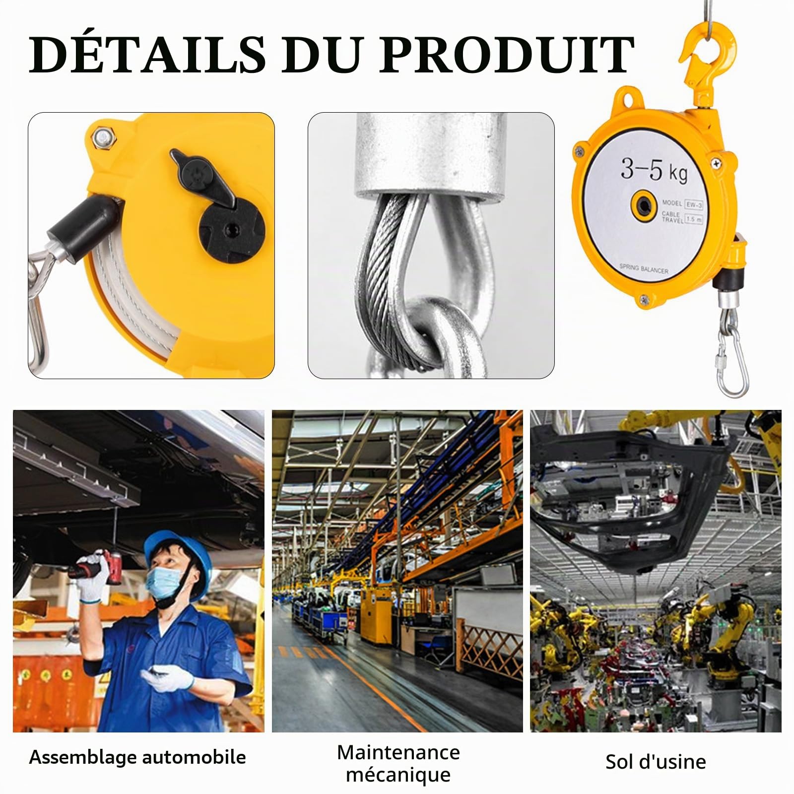 Équilibreur à Ressort Rétractable 3-5 kg, Equilibreur à Ressort 1,5m de Hauteur de Levage avec Fil Acier Epais et Crochet Equilibrage à Ressort en Métal pour Ateliers et Usines