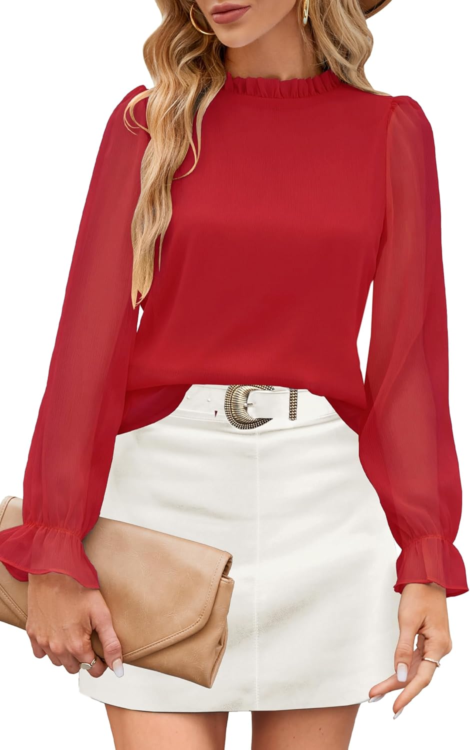 Aifer Womens Blouses Trendy Dressy Casual Tops Elegant Puff Long Sleeve Shirts Ruffle Mock Neck Plain Chiffon Outfits