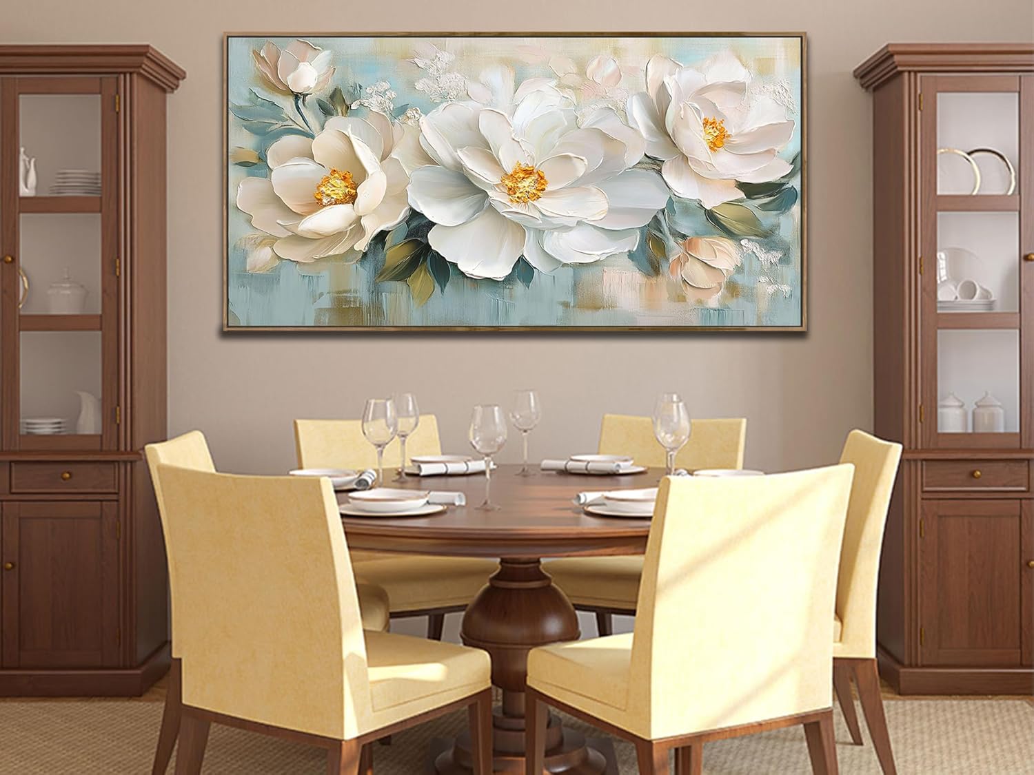 Enartly White Flowers Framed Wall Art for Living Room, 3D Textured Floral Canvas Painting Sage Florals Picture Artwork for Bedroom Dining Room Kitchen Home Office Wall Decor, 40"x20"