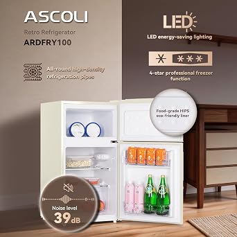 Retro Undercounter Fridge Freezer 48cm Wide 84L Total (59L/25L), 39db Low Noise, Retro Handle, LED Light, Manual Defrost, Adjustable Feet & Thermostat, (White)