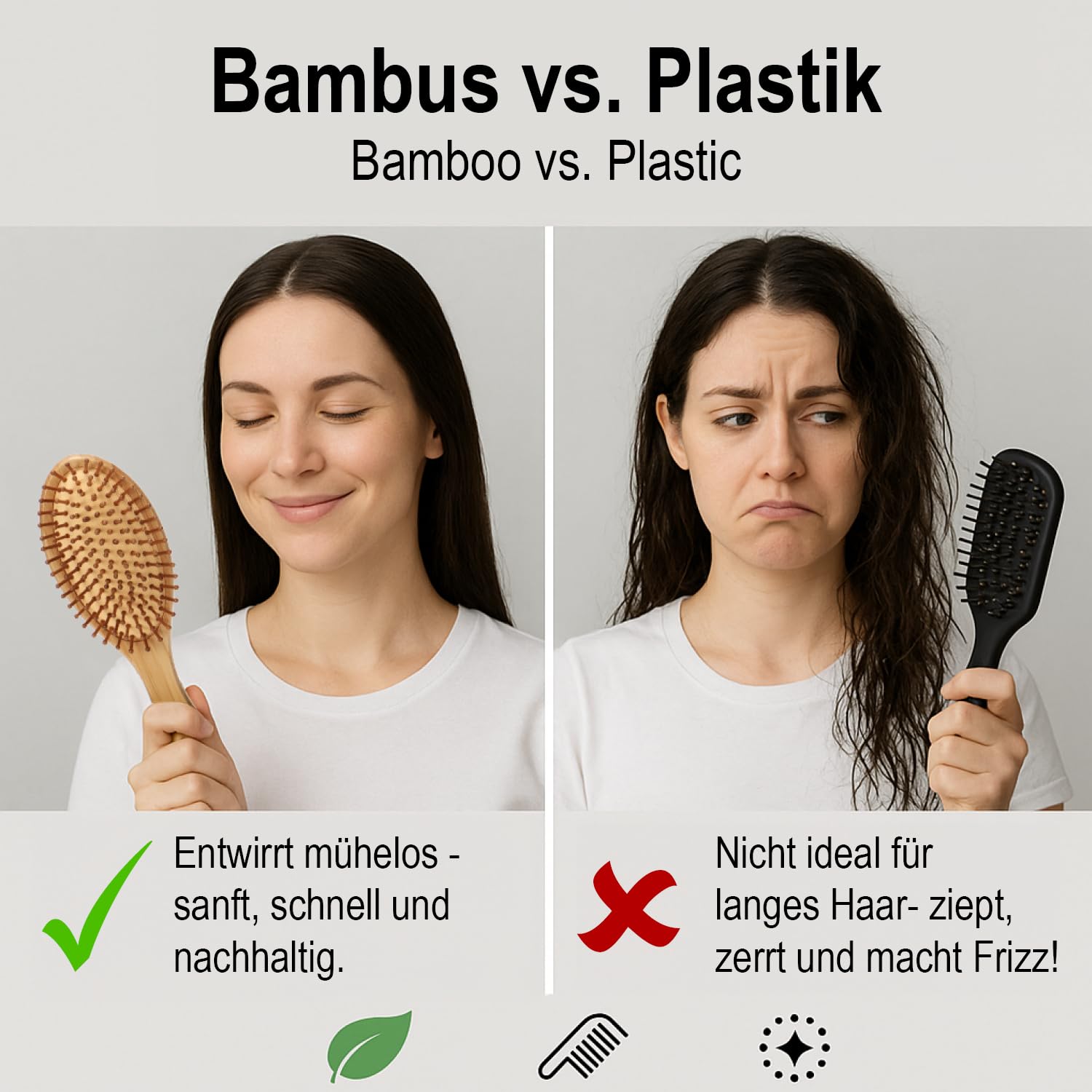 Set da 2 spazzole in bambù con setole naturali – Spazzole paddle ecologiche per donna, uomo e bambino – Massaggio alla cute per capelli sani