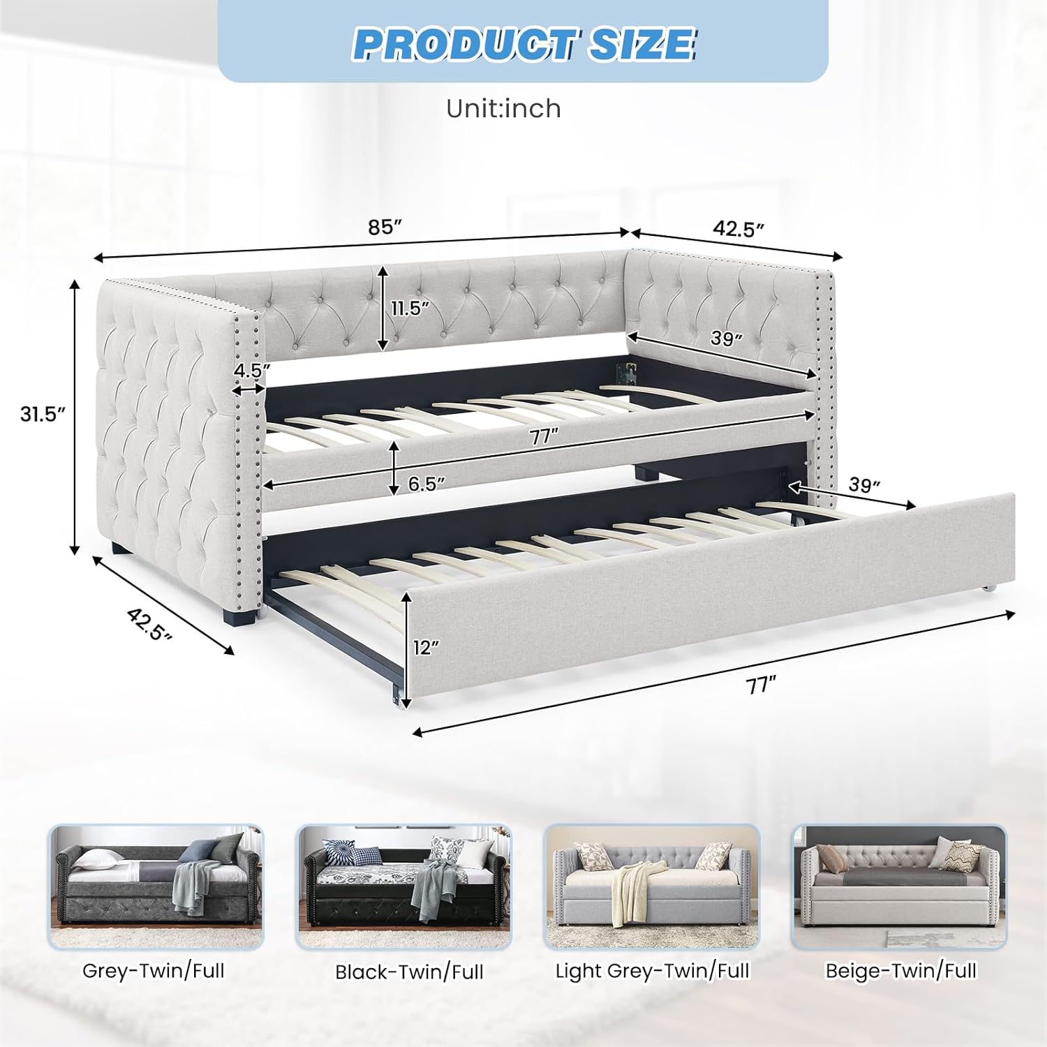 Antetek Daybed with Trundle, Upgraded Linen Upholstered Twin Size Day Bed Button-Tufted Sofa Daybed Frame with A Trundle,No Box Spring Needed,Furniture for Bedroom Living Room Guest Room (Beige, Twin)