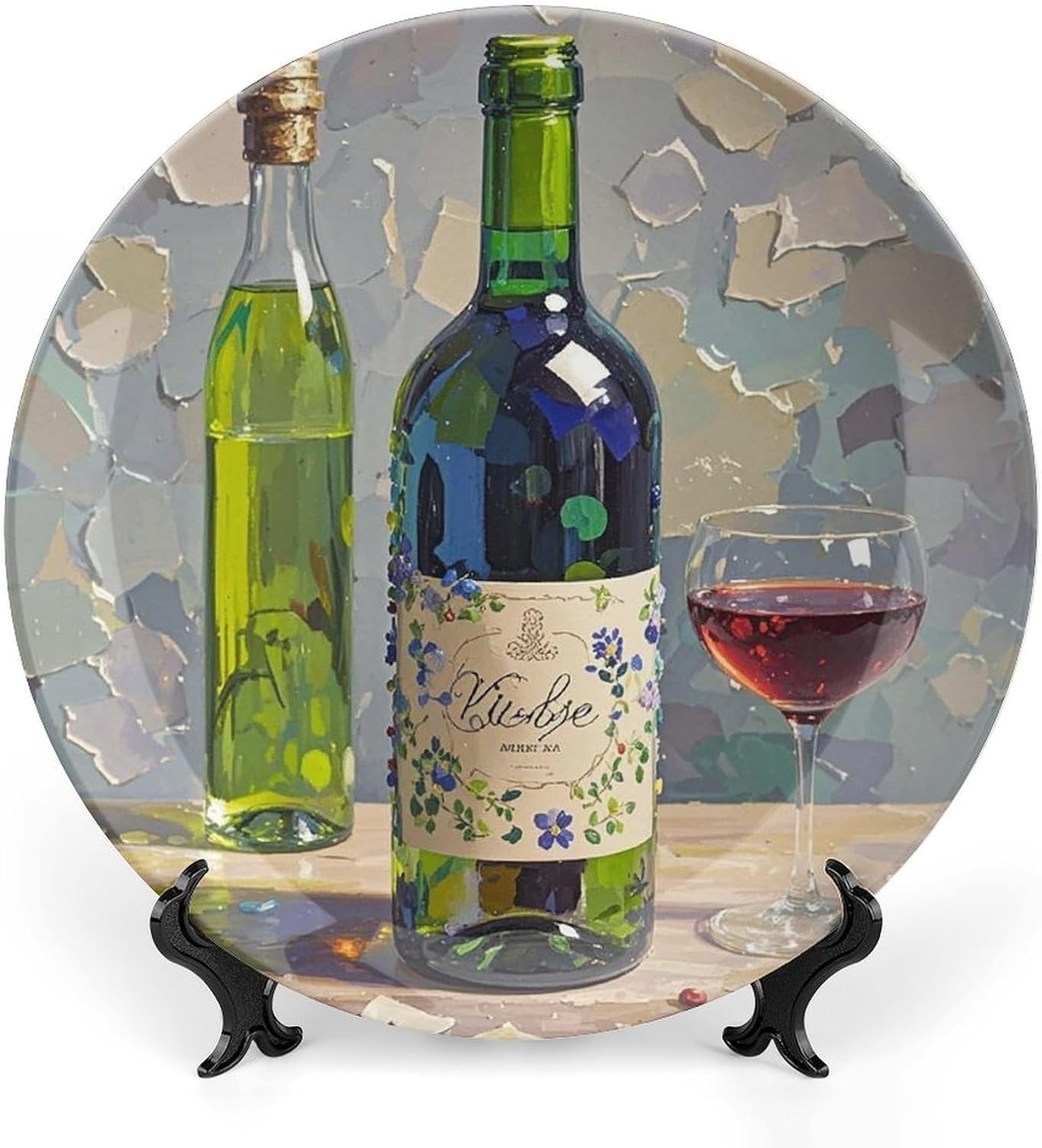 Wine Bottles Art Bone China Decorative Plate with Stand, Ceramic Ornaments for Wall Hanging Decor, Porcelain Dinner Dish Decor Plates for Home, Office, Hallway, Table 10inch