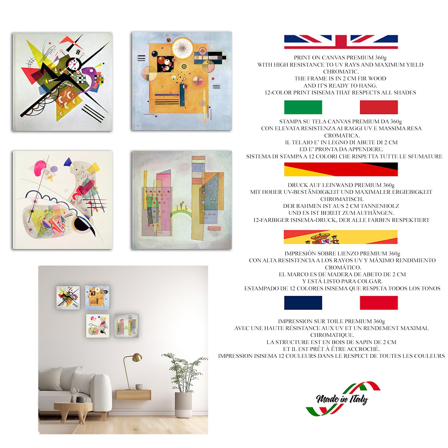 Quadri Moderni Wassily Kandinsky 4 pz 30x30 CM cadauno var 3 Stampa su tela Canvas Arredamento Arte Classica Arredo per cucina, camera da letto, soggiorno, salotto, bar, ufficio, ristorante