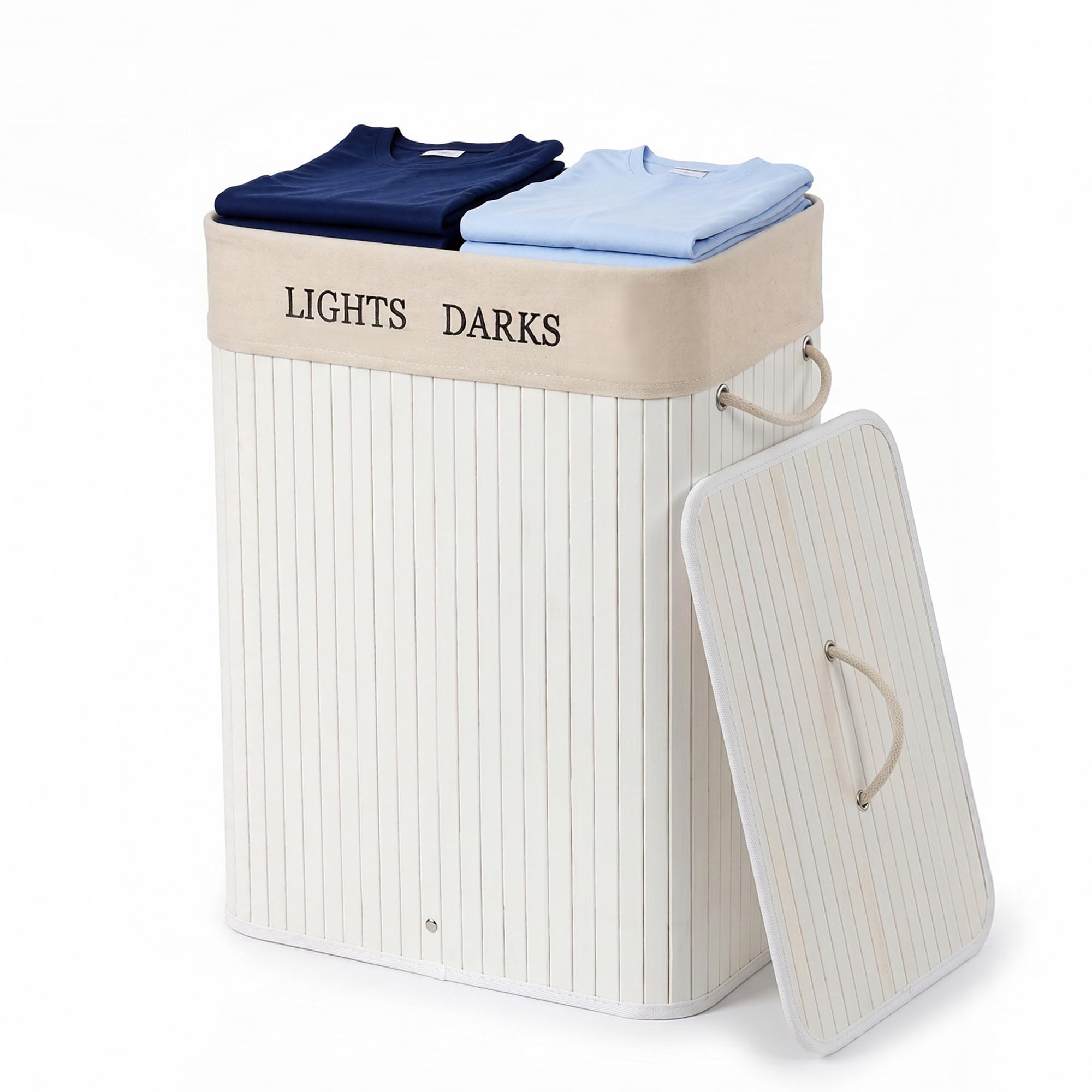 RAVQENIA Bamboo Laundry Basket with Lid, 2 Compartments 105L Laundry Hamper