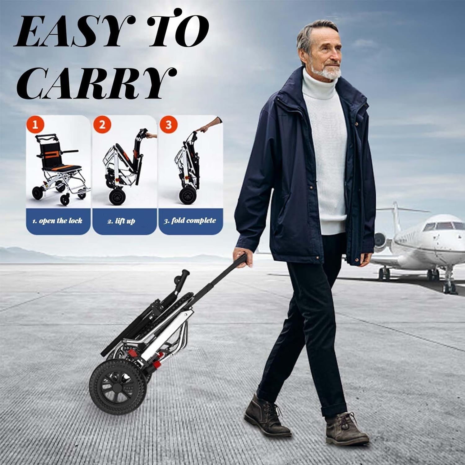 Silla de ruedas plegable de viaje con barra de tracción, diseño ultraligero para uso doméstico y festivo, marco de aluminio con neumáticos de 8 pulgadas y asiento de 45 cm