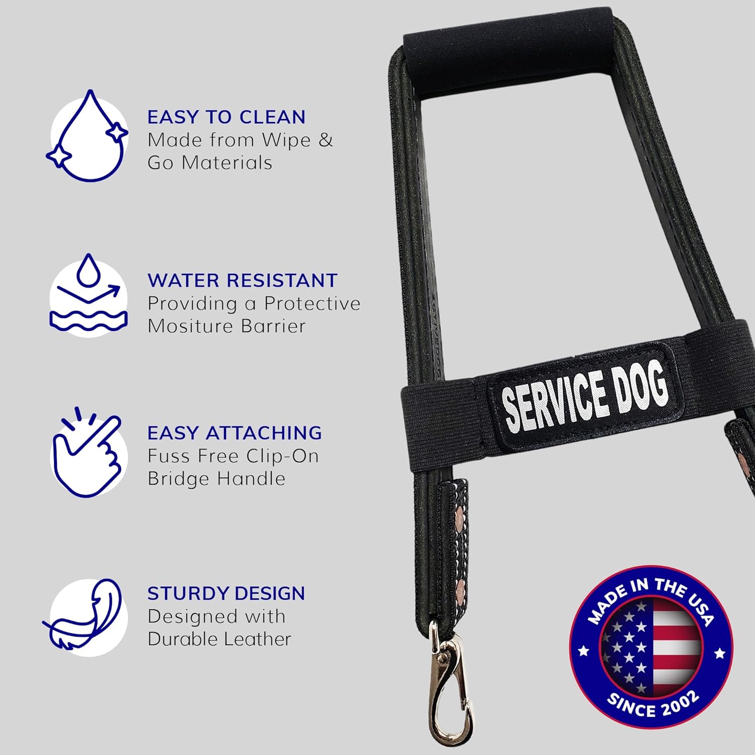 ActiveDogs Leather Bridge Handle - 16" Solid Steel & Leather Service Dog Handle with Easy Snap-On Clips, Reflective ID Band & Neoprene Padded Handle