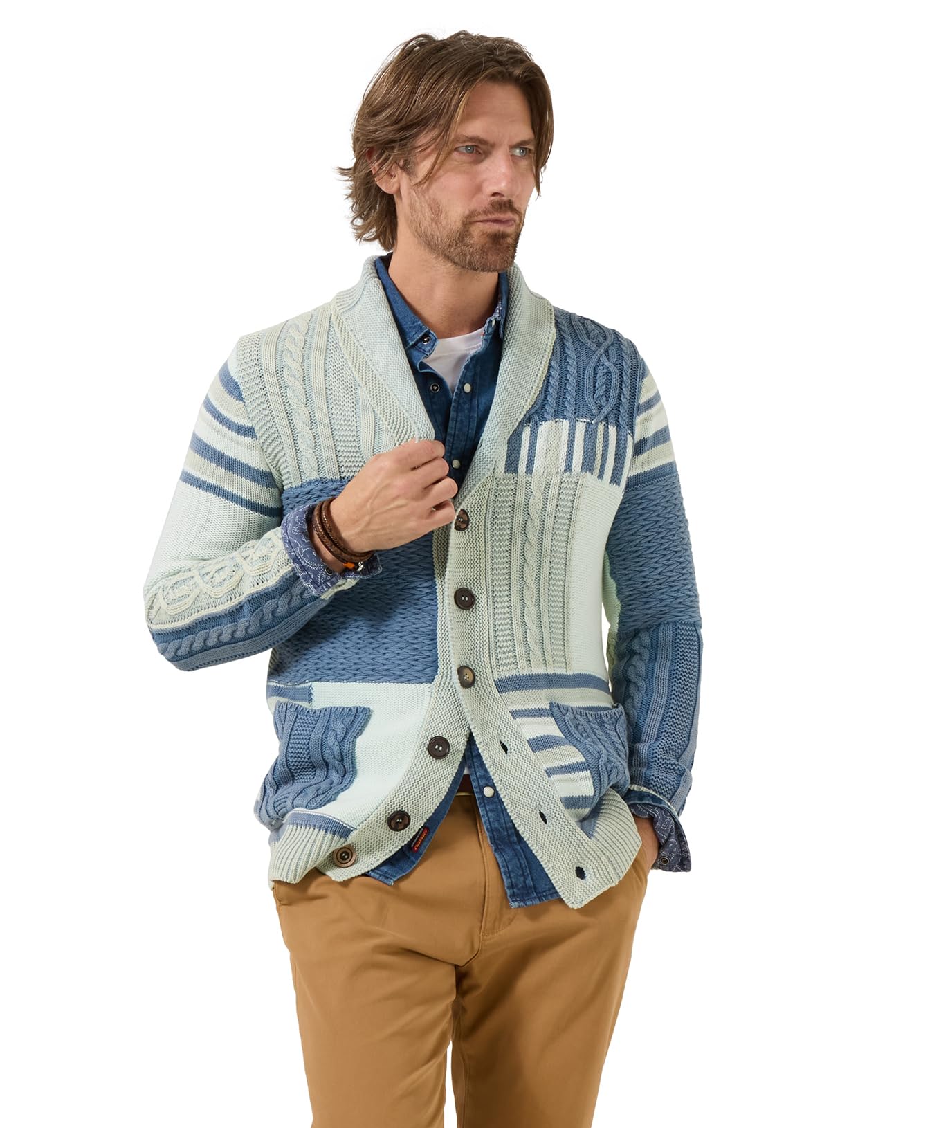 Joe Browns Men's Mixed Knit Patchwork Cardigan, Regular, Blue, UK 3XL