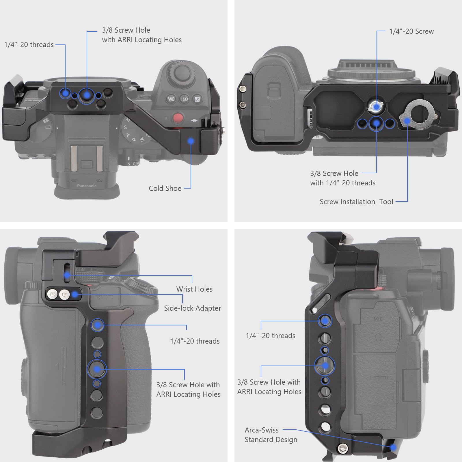 Leftfoto Cage de caméra S5 pour Panasonic LUMIX S5 II – Cadre de protection avec base Arca, rail NATO et filetages ARRI, compatible DJI RS2 – Prise de vue vidéo Vlog