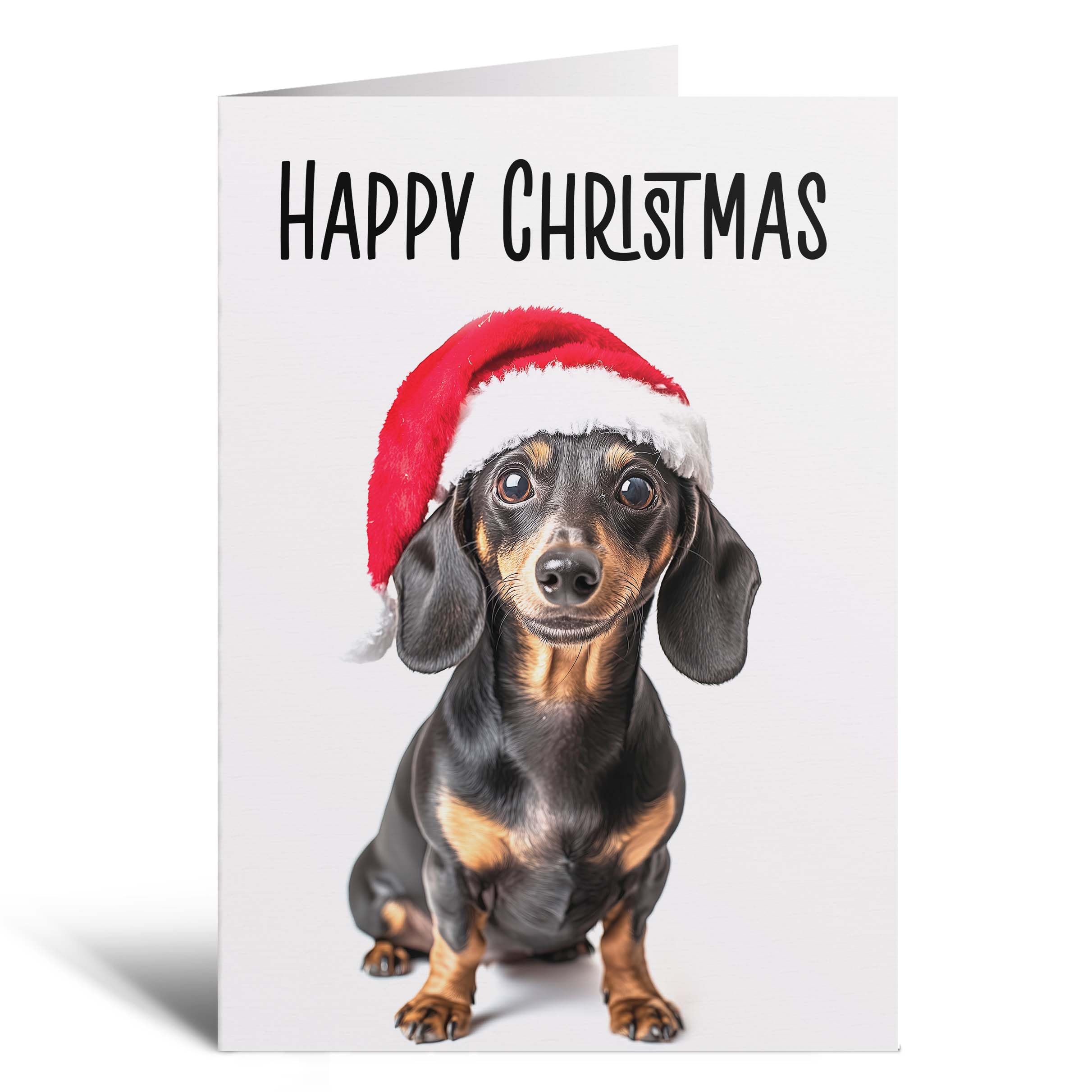 Postcard Prints - Fun Christmas Card of a Dachshund Dog Wearing A Santa Hat Whimsical Christmas Card For Animal Lover For Him or Her - 4 Cards