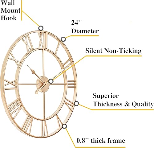 Miniatura 2 de CLXEAST Reloj de pared de metal dorado champán, reloj de pared grande con número romano de 24 pulgadas para decoración de sala de estar, regalos de