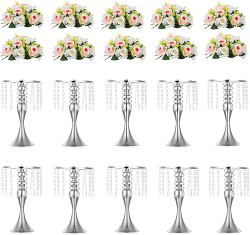 10 jarrones plateados para centros de mesa, soporte de arreglo floral de cristal de 13.8 pulgadas, centros de mesa de boda para mesas, soportes de