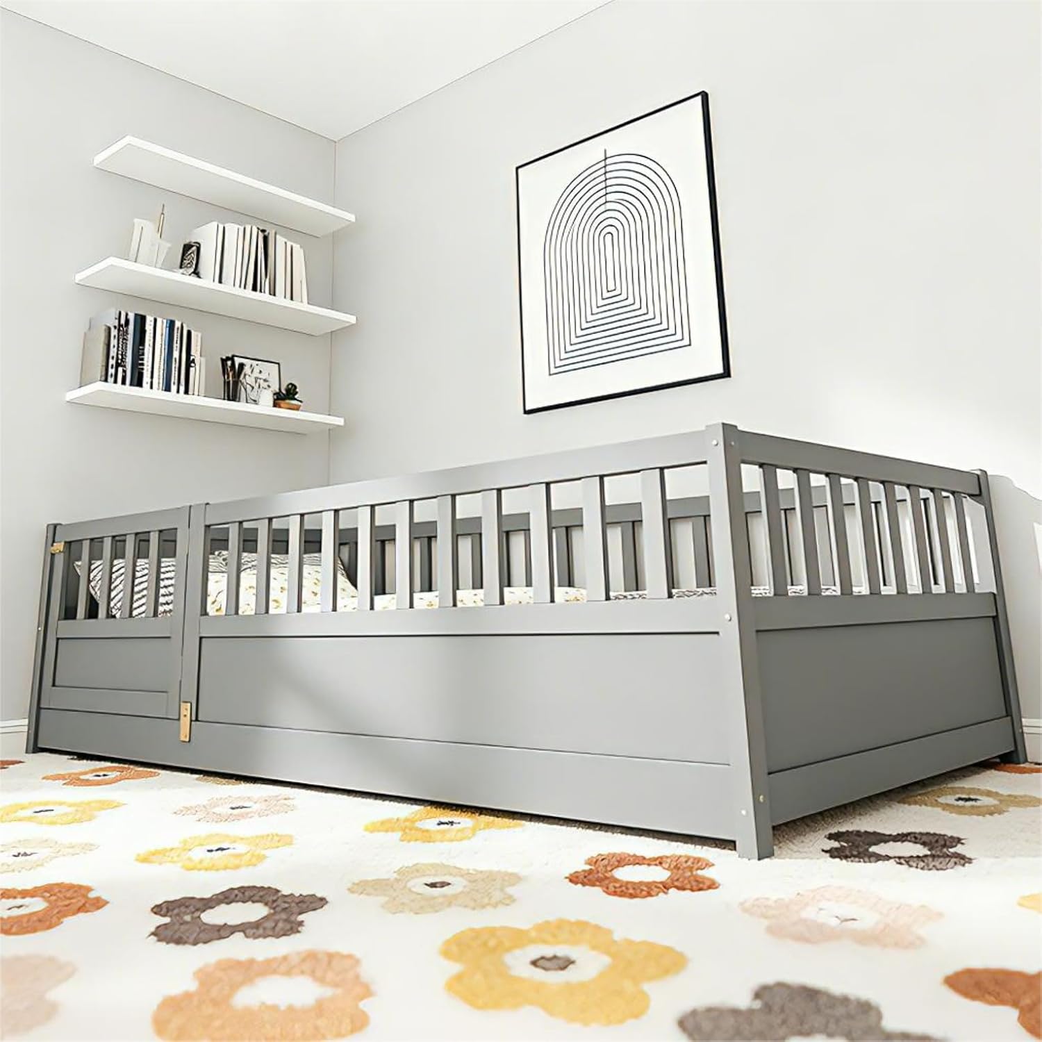Bellemave Twin Montessori Floor Bed with 21.4" High Guardrails & Door, Wooden Twin Floor Bed Frame for Kids, Low Profile Twin Size Floor Bed Frame for Bedroom, Nursery, No Slats, Grey