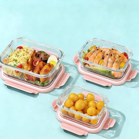 Glass Food Storage Containers with Lids, Airtight Meal Prep Containers, 4 Pack Set with Multiple Sizes (Pink)