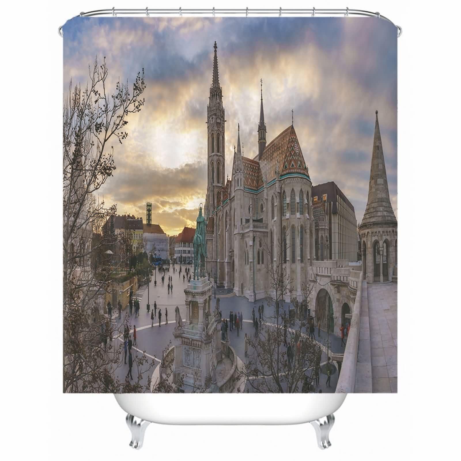 Rideau de douche beige motif château ancien en polyester lavable avec anneaux inclus