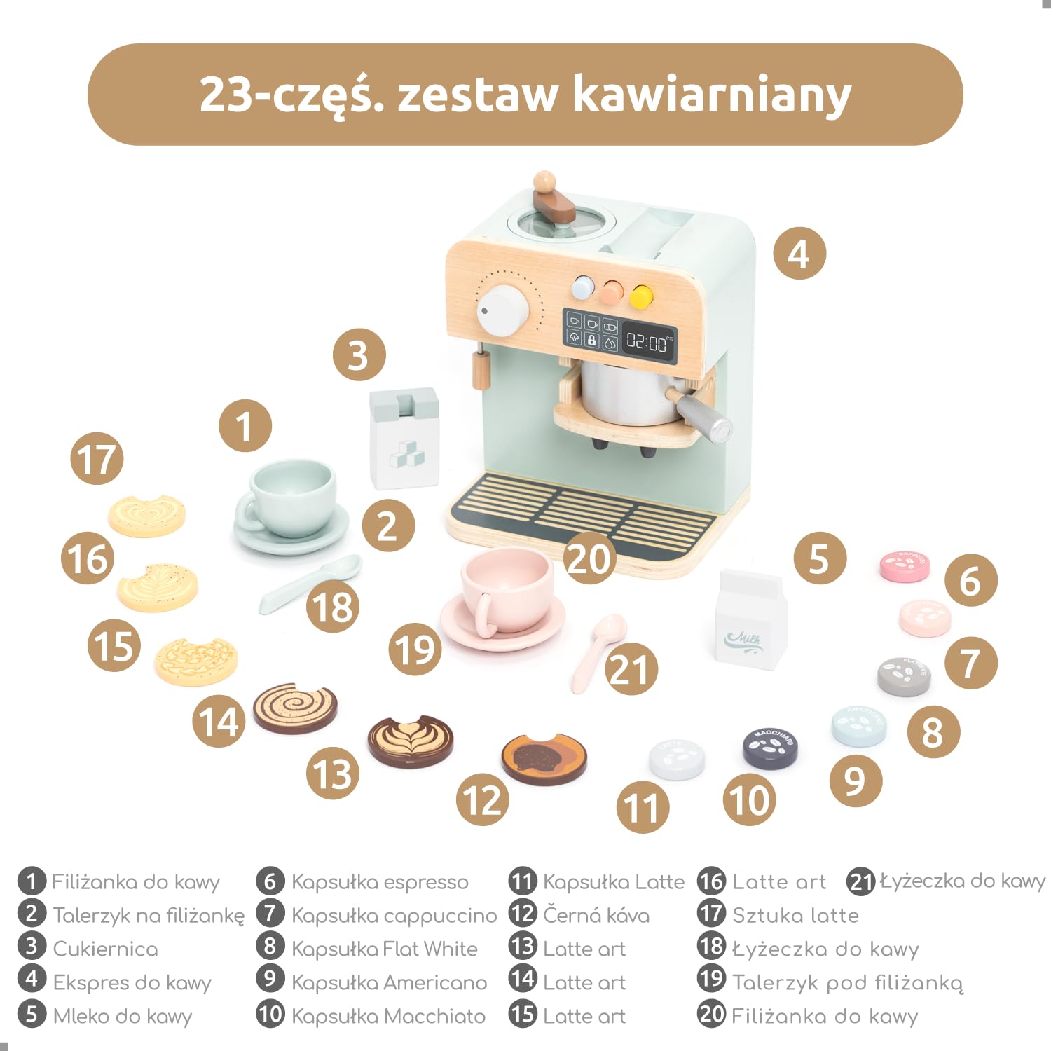 UMU Drewniany ekspres do kawy dla dzieci, akcesoria kuchenne do zabawy dla małych dzieci, zestaw do odgrywania ról, spersonalizowana drewniana zabawka dla dzieci od 3 lat