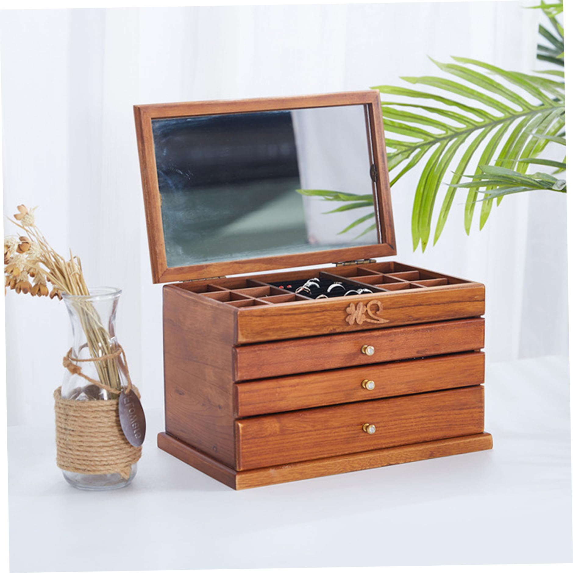 Latemeia Wooden Jewellery Box, Vintage Wooden Jewelry Box For Women, Large Wood Jewelry Organizer With Built-in Mirror And Multi-layer Drawers, Brown, Jewellery