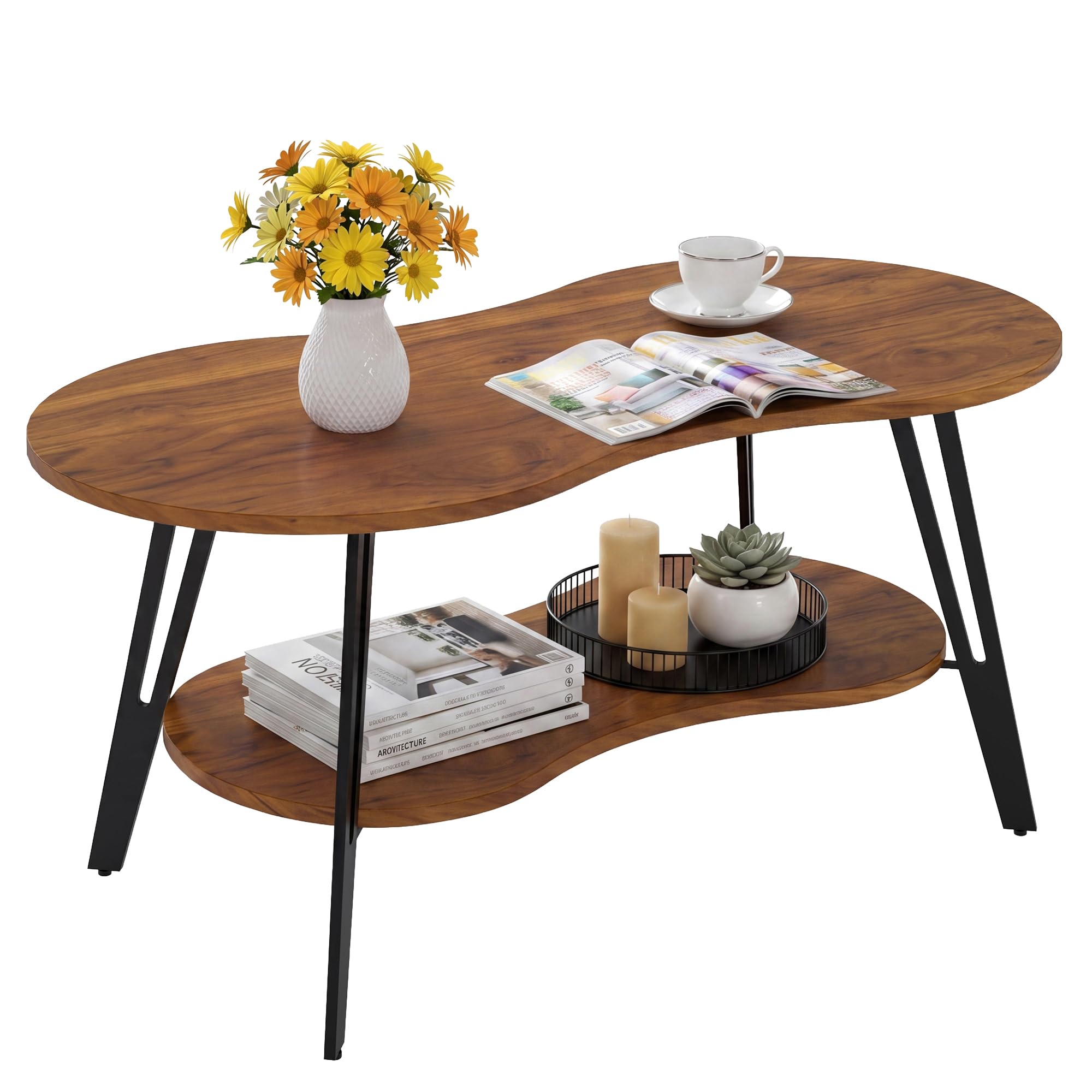Manora Rustic Brown Oval Coffee Tables for Living Room,Rustic Tea Table,2-tier Storage Center Table,Dark Wooden Sofa Table