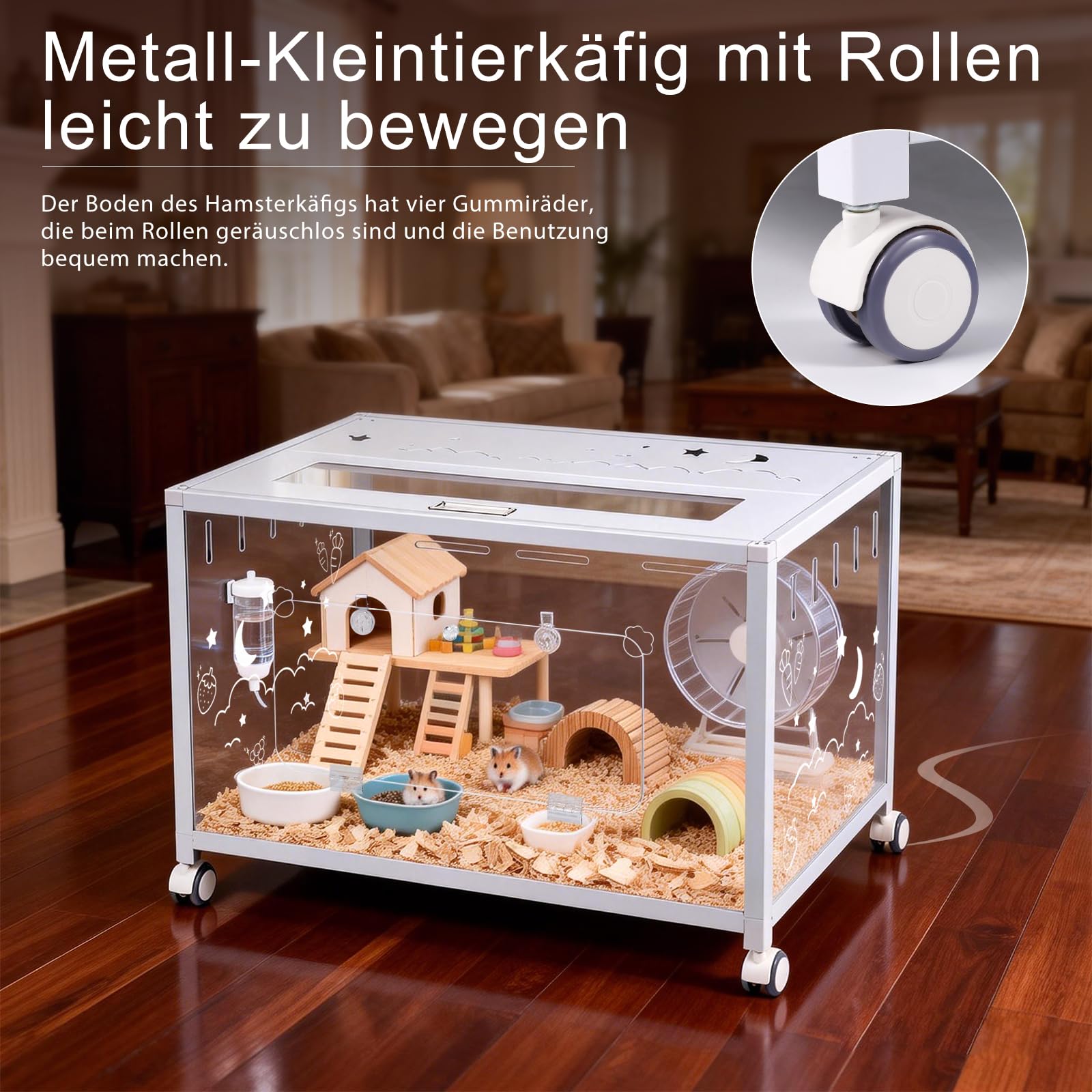 Groß Hamsterkäfig aus Metall 80x50x55cm Nagerkäfig mit Rädern, Stabil, Weiß | Kleintier Gehege für Kaninchen Goldhamster, Abnehmbarer Meerschweinchen, Durchsichtiger, Leicht zu Reinigen