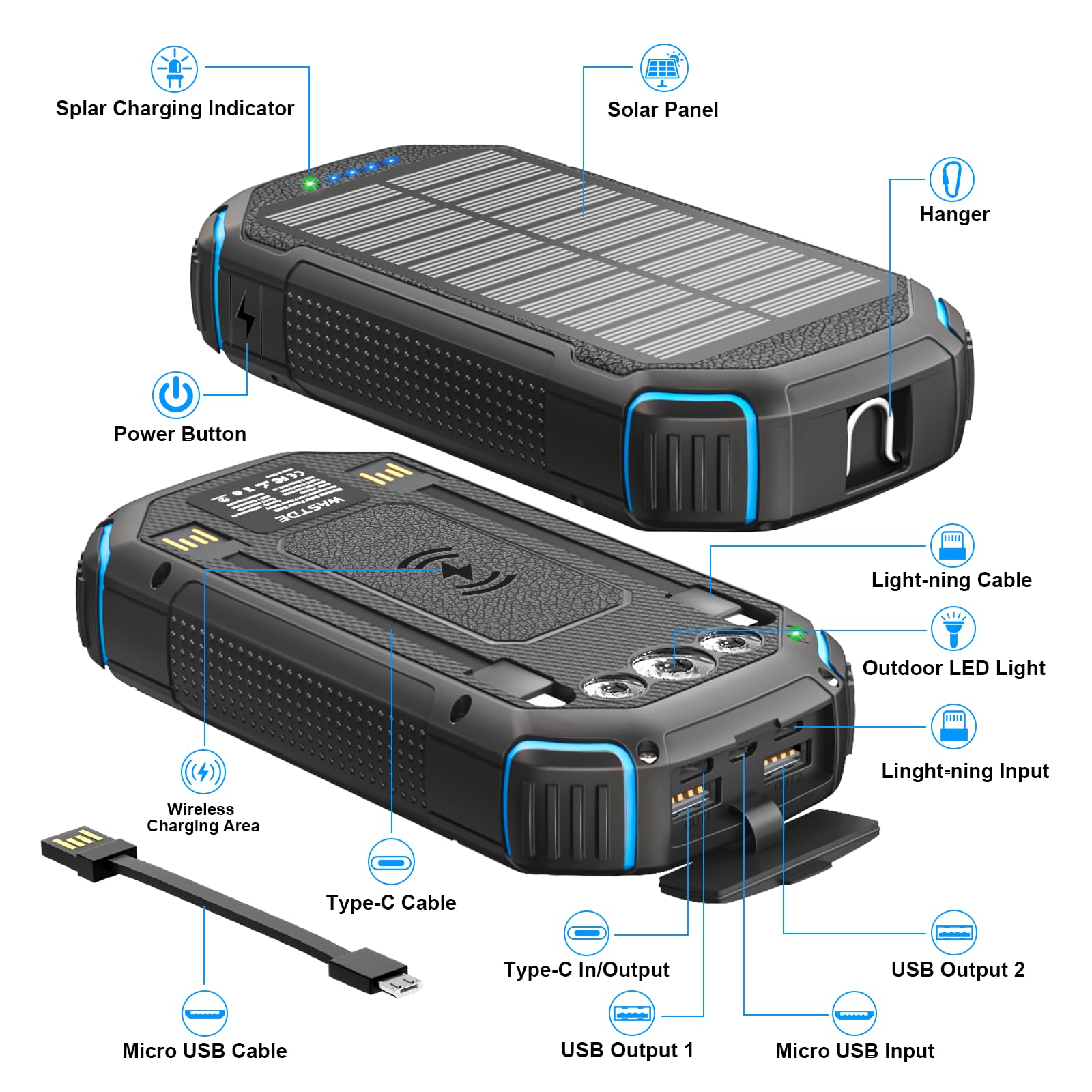 Power Bank Wireless Solar 26800mAh con 3 Cavi, Solar Powerbank USB-C 15W Ricarica Rapida 4 Uscite 3 Ingressi per Telefono Cellulare Caricatore Solare Esterno Batteria con Torcia