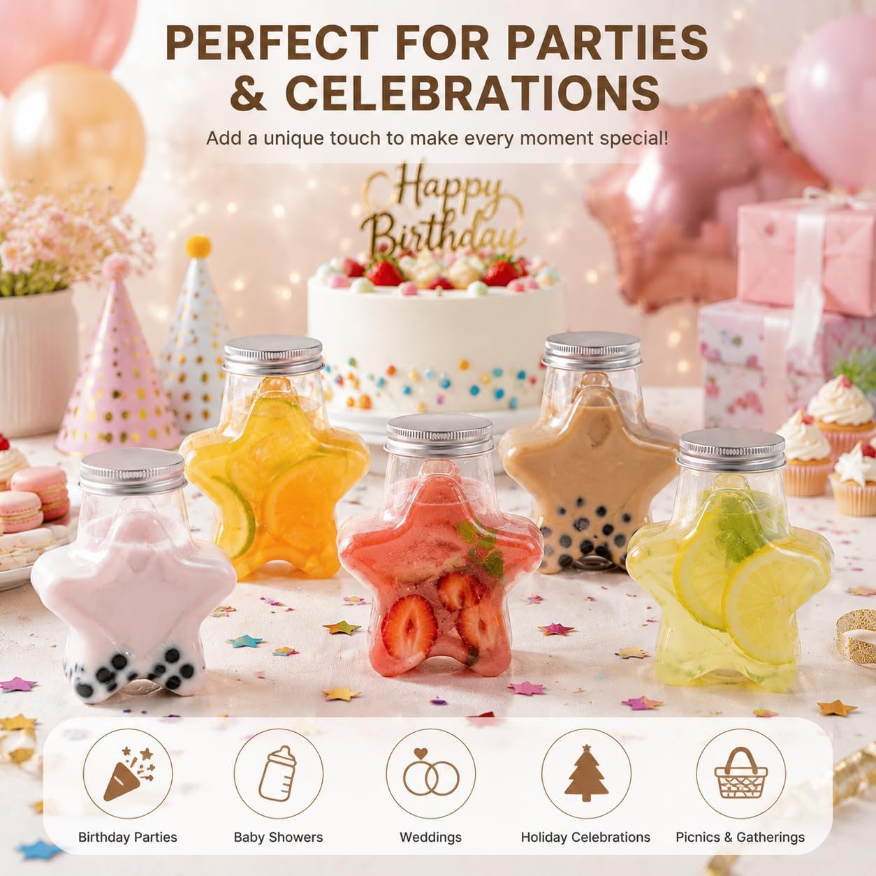 Hemoton 5Pcs Star Shape Plastic Clear Cups with Lids, 10oz Aesthetic Beverage Bottles for Milk Tea Juice, Cute Pentagram Party Favors for Woman Kids Birthdays Tea Party Decorations