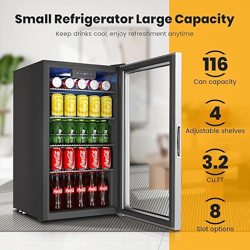 Miniatura 2 de Mini nevera, refrigerador de bebidas para 116 latas con puerta reversible de vidrio para vino de cerveza de soda, refrigerador pequeño de 3.2 pies
