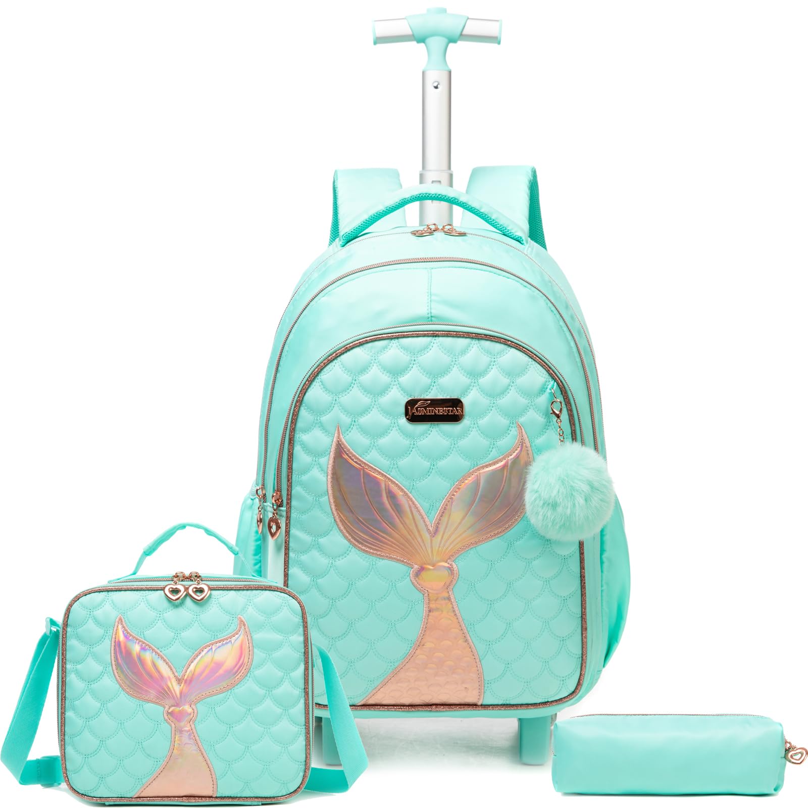 Mochilas Escolares con Sirena Ruedas Carro Niña 17" 3PCS Mochila Carrito para Trolley Escolar Bolso de Viaje Estuche Stitch Mujer Maleta Colegio Grande Medianas Infantil Niñas Azul Cielo