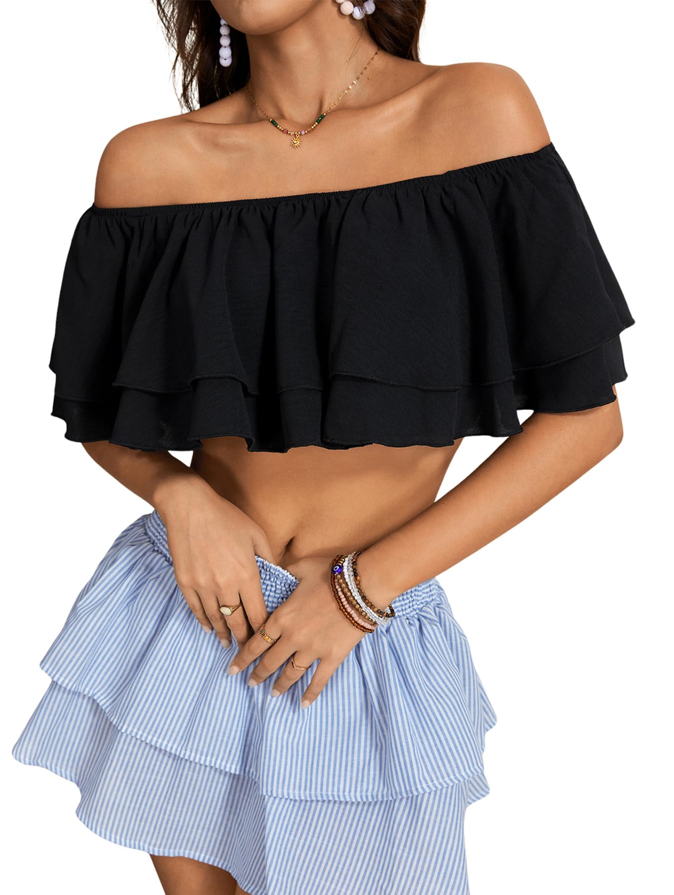 OYOANGLE Women's Off Shoulder Short Sleeve Ruffle Blouse Summer Vacation Crop Tops