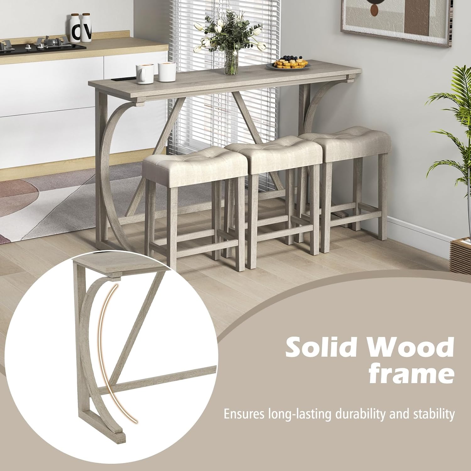 COSTWAY 4-Piece Farmhouse Bar Table Set with Power Outlet, Counter Height Dining Table Set w/ 3 Upholstered Stools, Wood Console Table Set Bistro Table Set for Kitchen, Dining Room, Living Room image 6 of 9 B0D9NGZQRR