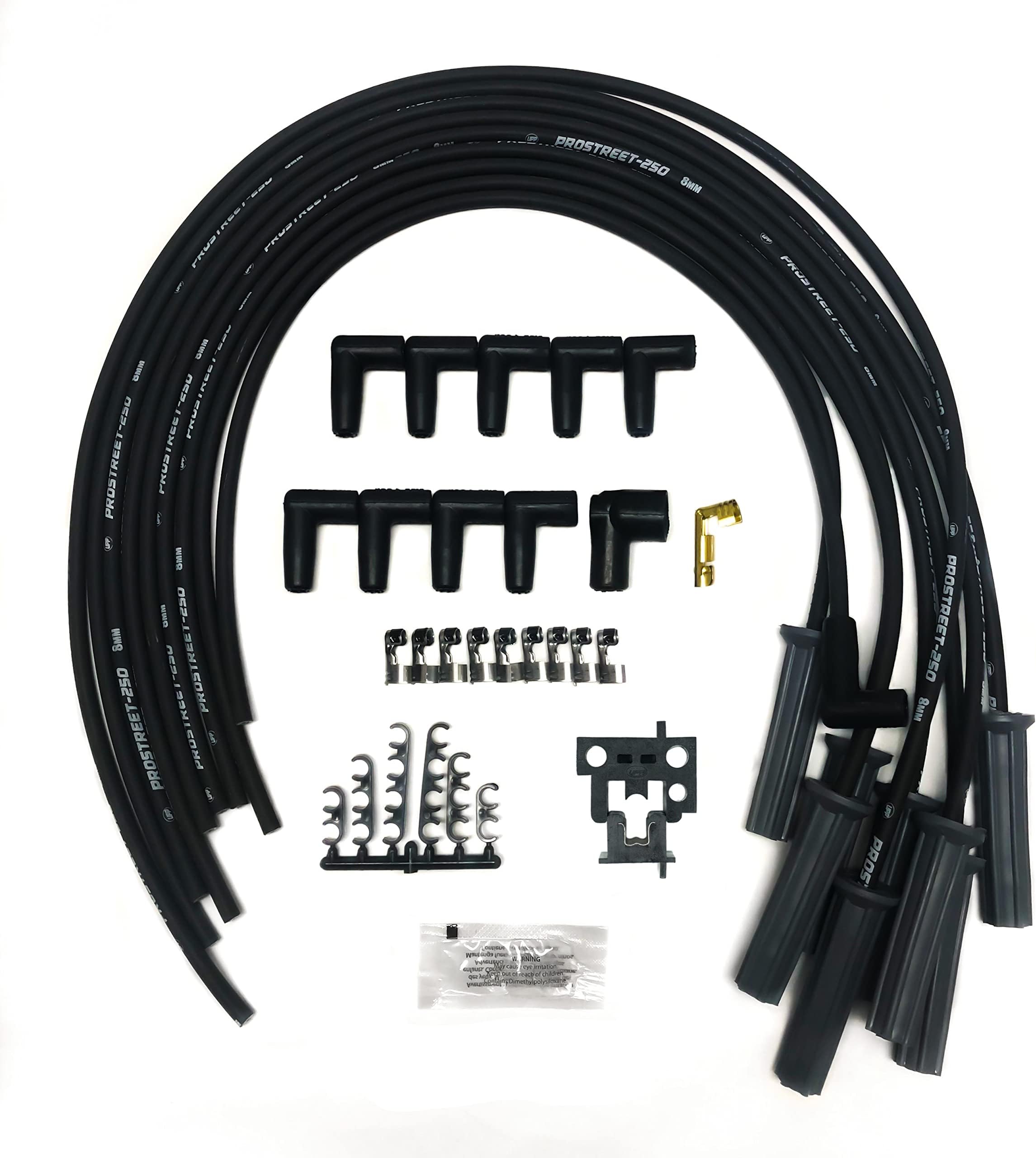 UPP - PROSTREET-Black 8mm Silicone High Performance Racing Universal V8 Spark Plug Wire Set-250 ohm Core-180 Degree Boots-Wire Stripper/Crimper Included Fits Chevy and Ford V8 Engines