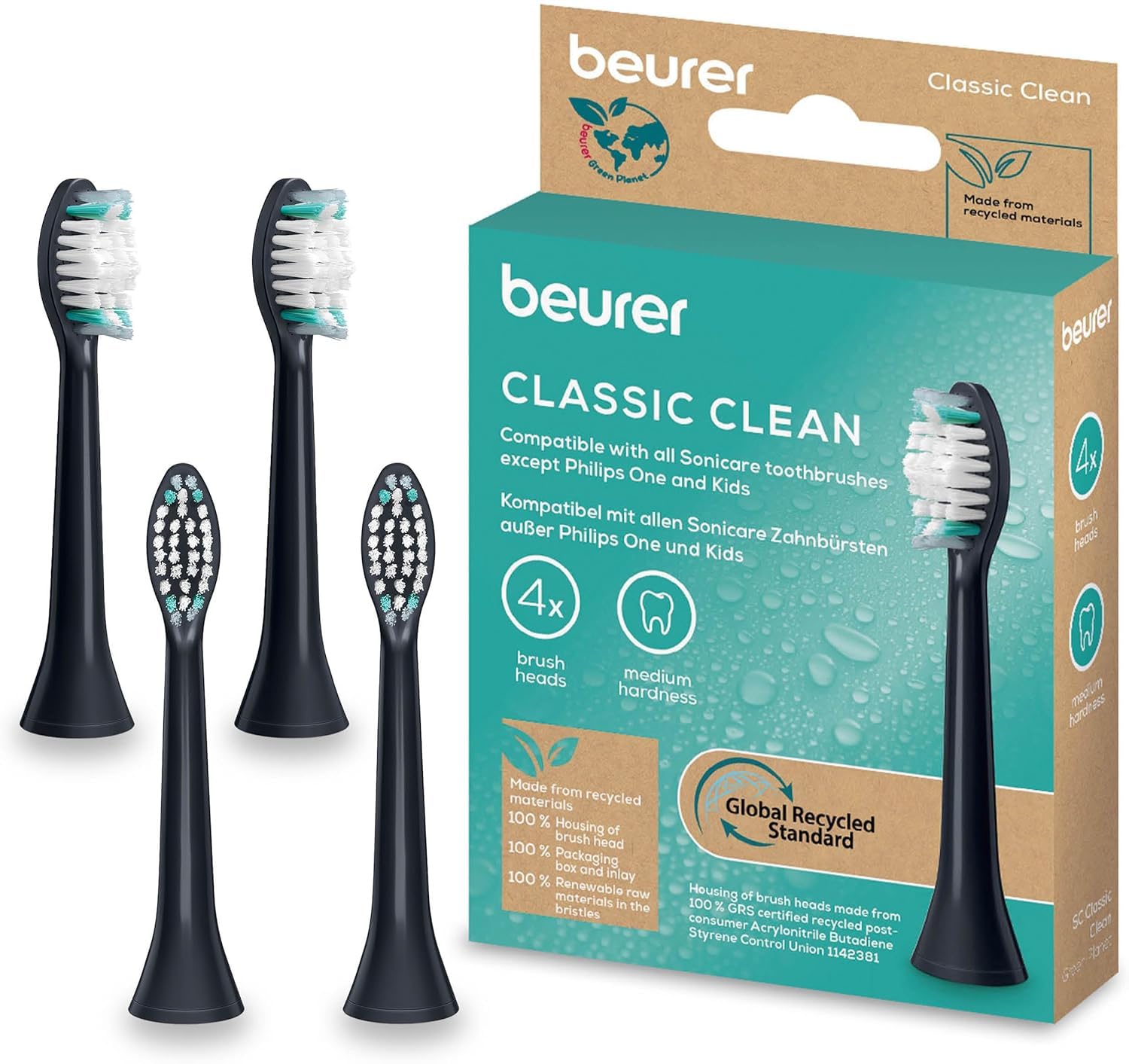Beurer SC Classic Clean główki szczoteczki do elektrycznych szczoteczek sonicznych, 4 wymienne główki do SC 30, 50 i Philips Sonicare, włosie wskaźnikowe w kształcie litery W, twardość średnia