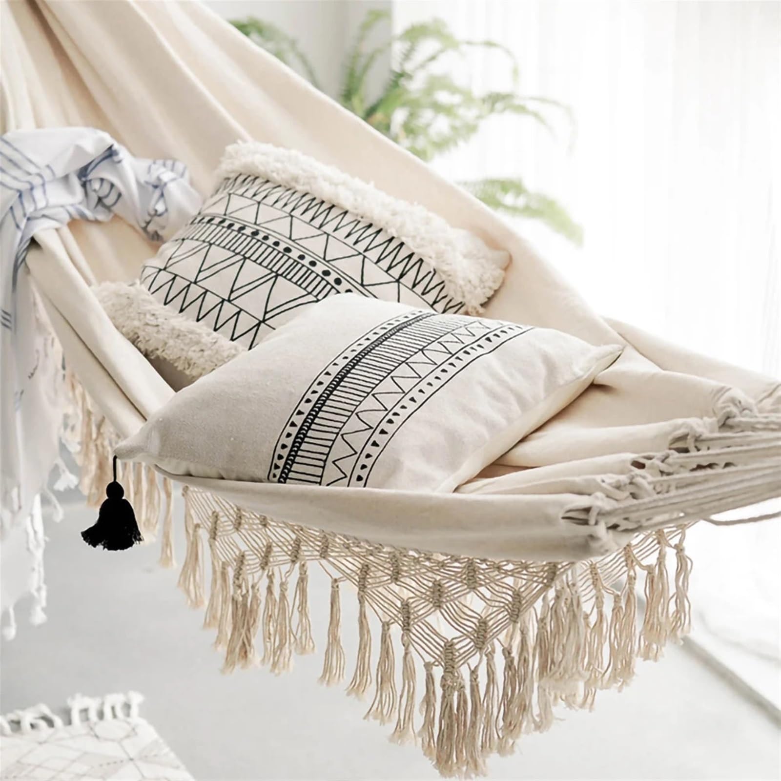 Amaca Grande for 2 Persone, Amaca Doppia Deluxe con Frange, Altalena sospesa in Rete per l'escursionismo, Il Campeggio(Only Pillows)