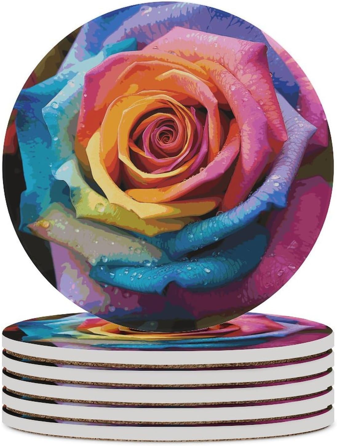 Rainbow Rose Flower Coasters Round Coasters Set Ceramic Stone Coaster with Cork Base Coffee Cup Beverage Cup Mat Cute Funny Table Drinks Coaster for Mugs and Cups Office Kitchen